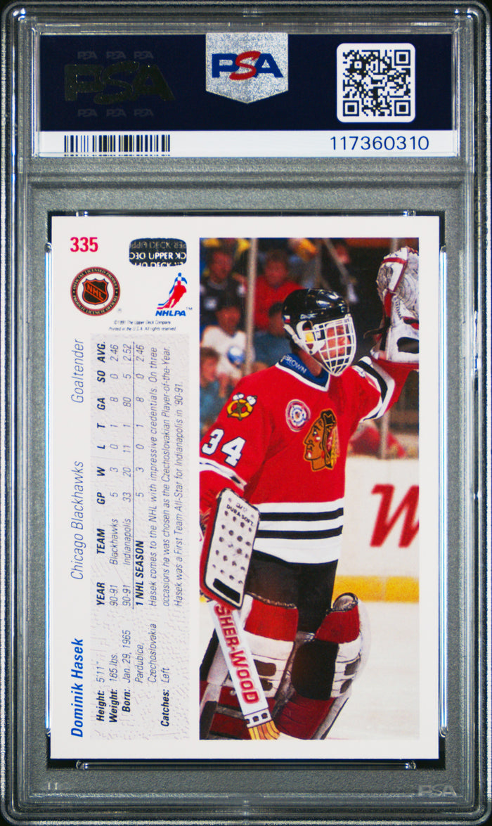 Dominik Hasek 1991 Upper Deck Chicago Blackhawks Hockey Rookie Card RC #335 Graded PSA 10 Cert #117360310-Powers Sports Memorabilia