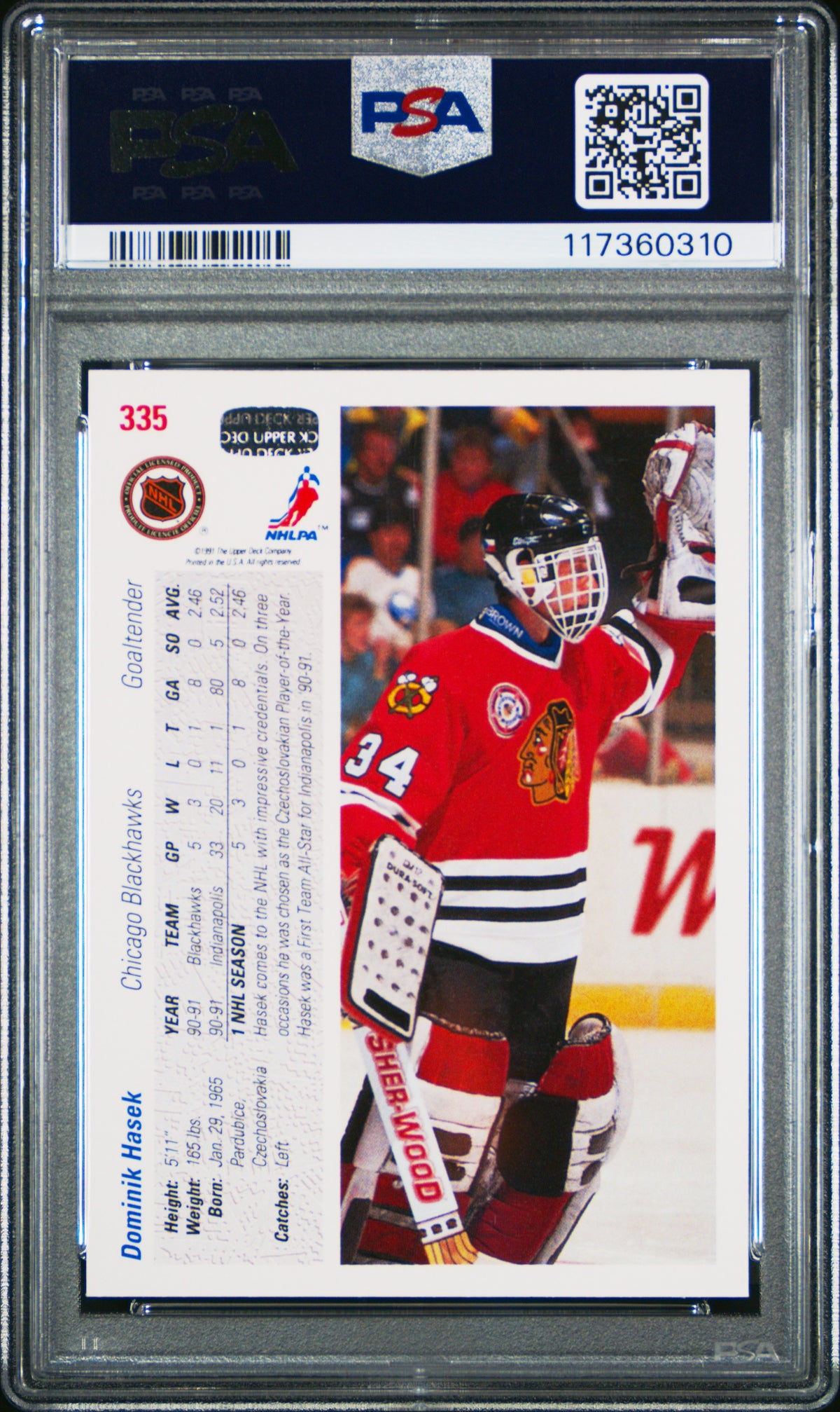Dominik Hasek 1991 Upper Deck Chicago Blackhawks Hockey Rookie Card RC #335 Graded PSA 10 Cert #117360310-Powers Sports Memorabilia