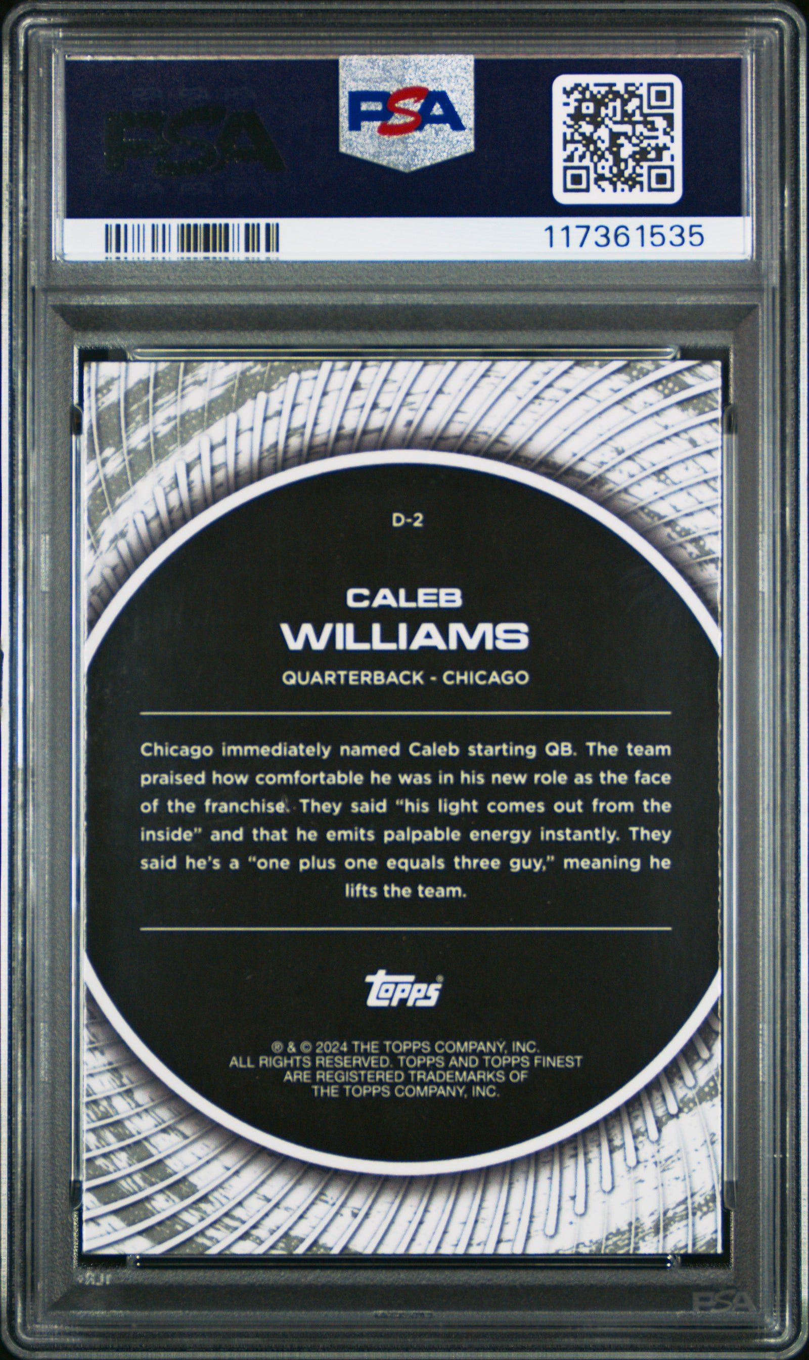 Caleb Williams 2024 Finest Debut Rookie Football Card #D2 Graded PSA 10 Cert 117361535-Powers Sports Memorabilia