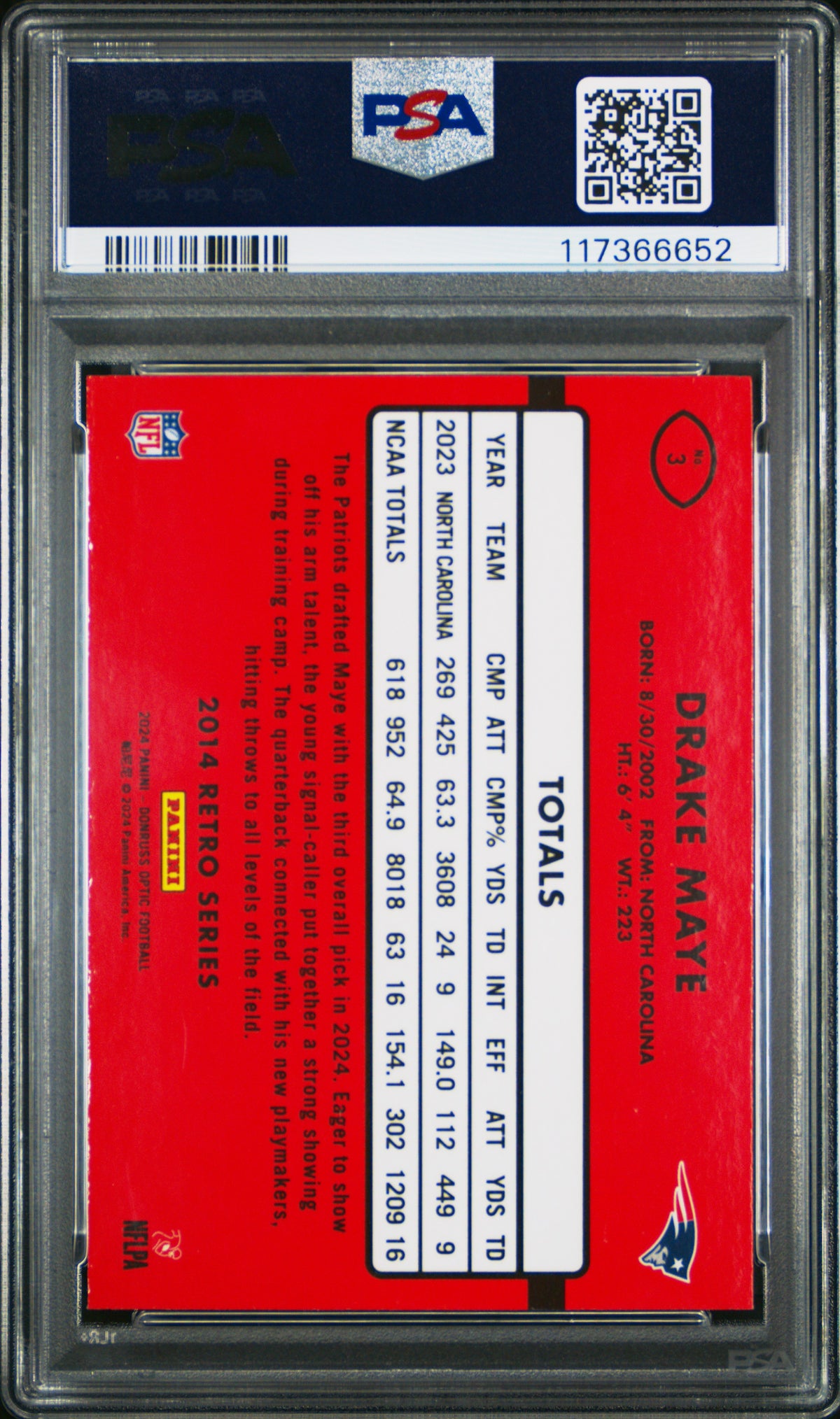 Drake Maye 2024 Donruss Optic 2014 Retro Series Rookie Football Card #3 Graded PSA 10 Cert #117366652-Powers Sports Memorabilia