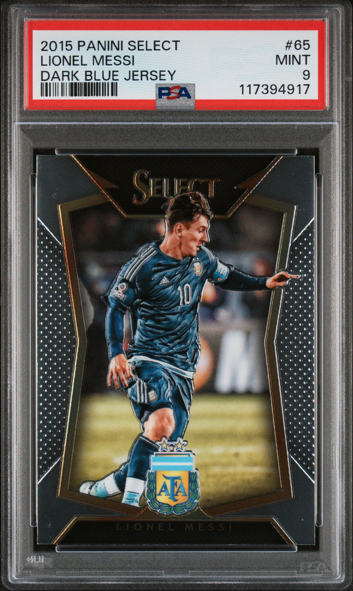 Lionel Messi 2015 Panini Select Blue Jersey Card #65 PSA 9-Powers Sports Memorabilia