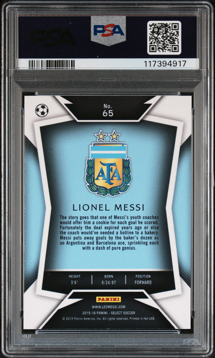 Lionel Messi 2015 Panini Select Blue Jersey Card #65 PSA 9-Powers Sports Memorabilia