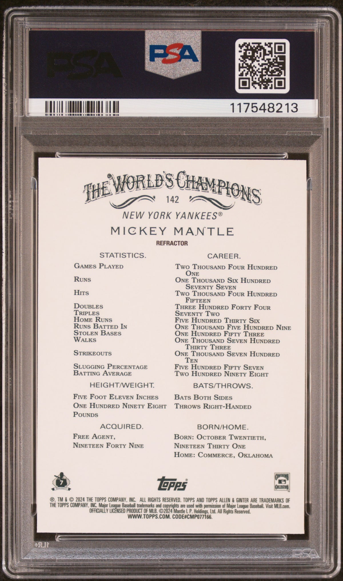 Mickey Mantle 2024 Topps Allen Ginter Silver Card #142 PSA 10