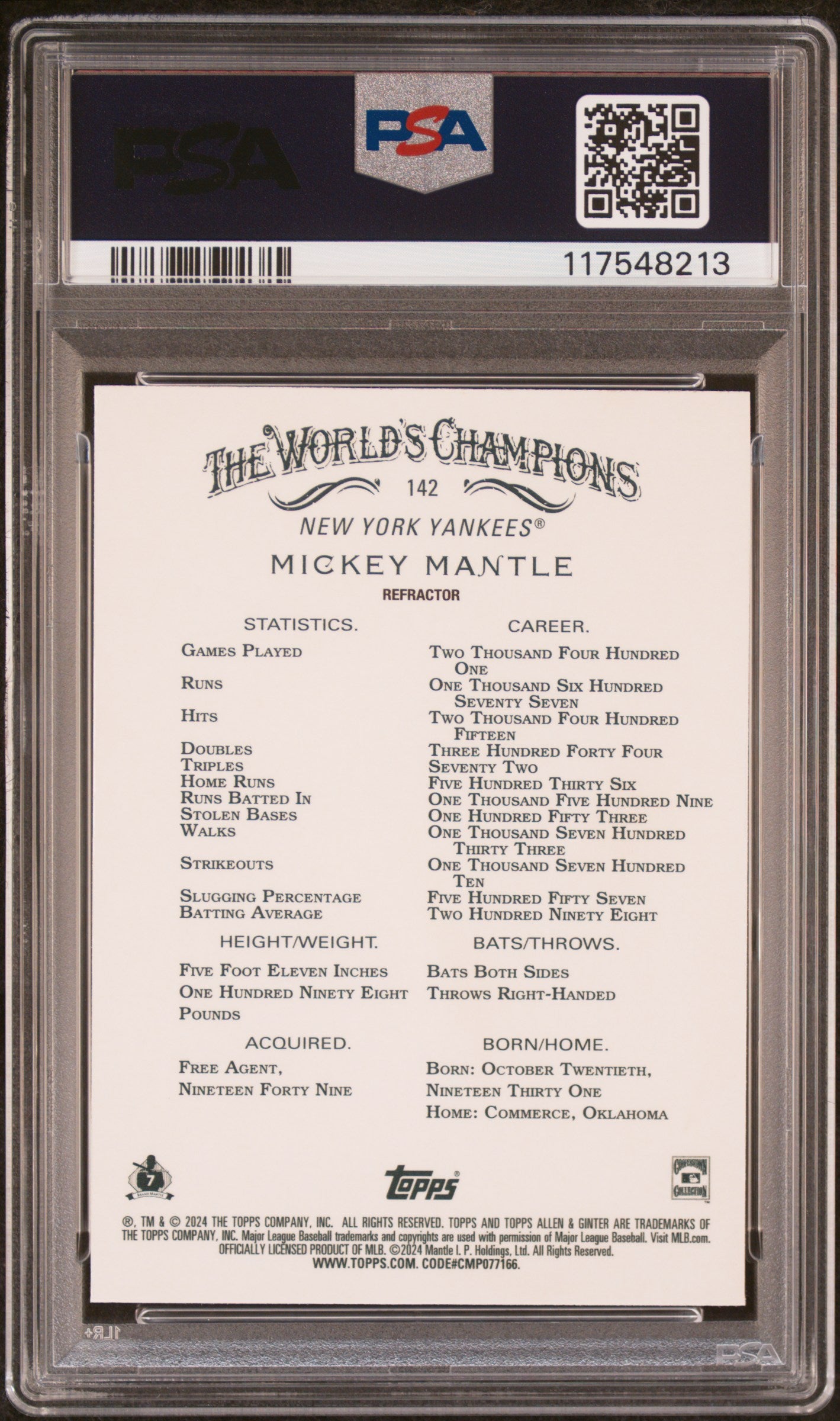Mickey Mantle 2024 Topps Allen Ginter Silver Card #142 PSA 10-Powers Sports Memorabilia