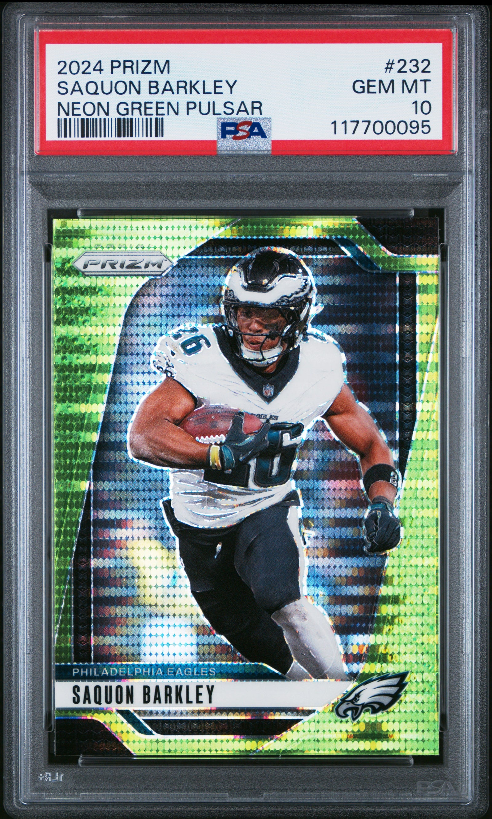 Saquon Barkley 2024 Panini Prizm Neon Green Pulsar Football Card #232 Graded PSA 10 Cert # 117700095-Powers Sports Memorabilia