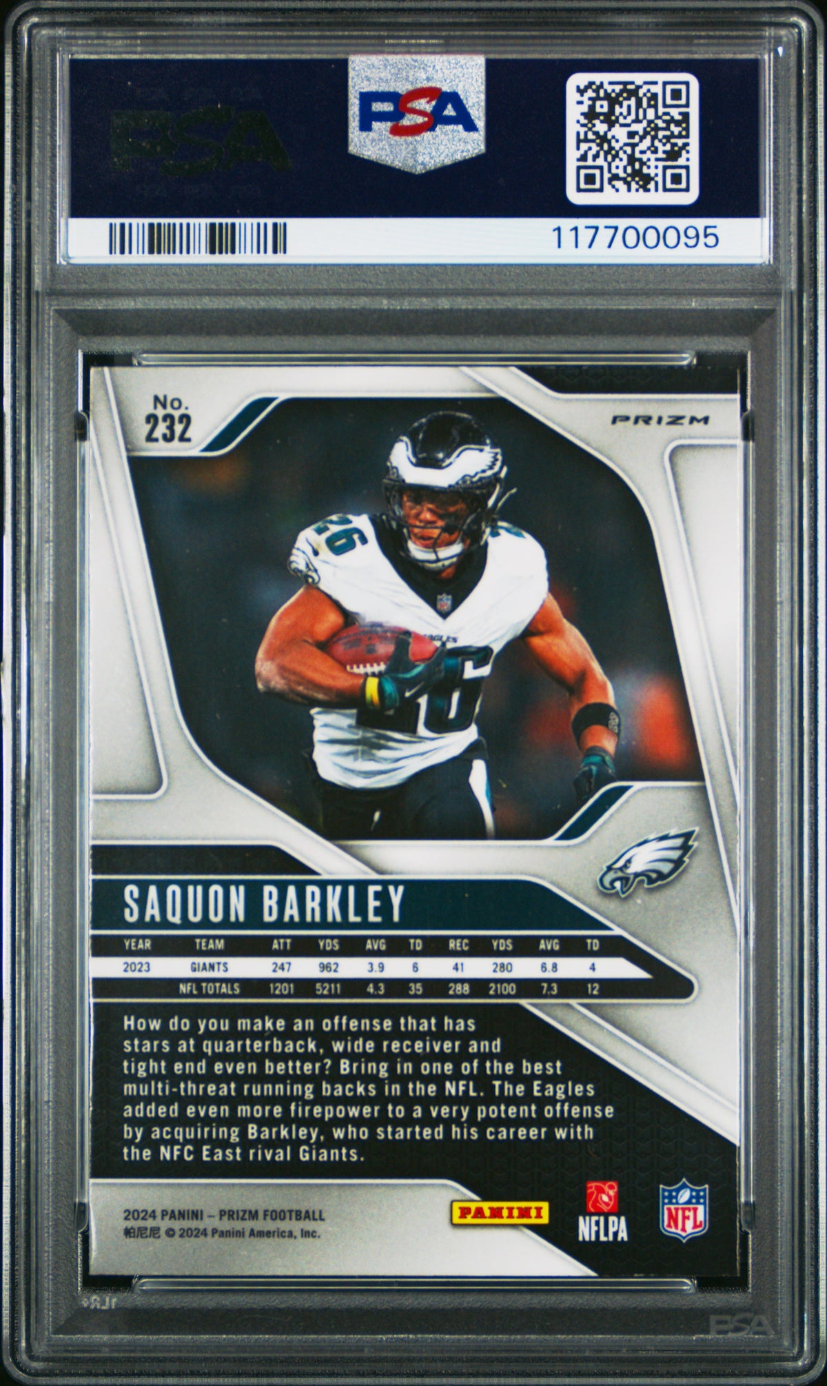 Saquon Barkley 2024 Panini Prizm Neon Green Pulsar Football Card #232 Graded PSA 10 Cert # 117700095-Powers Sports Memorabilia
