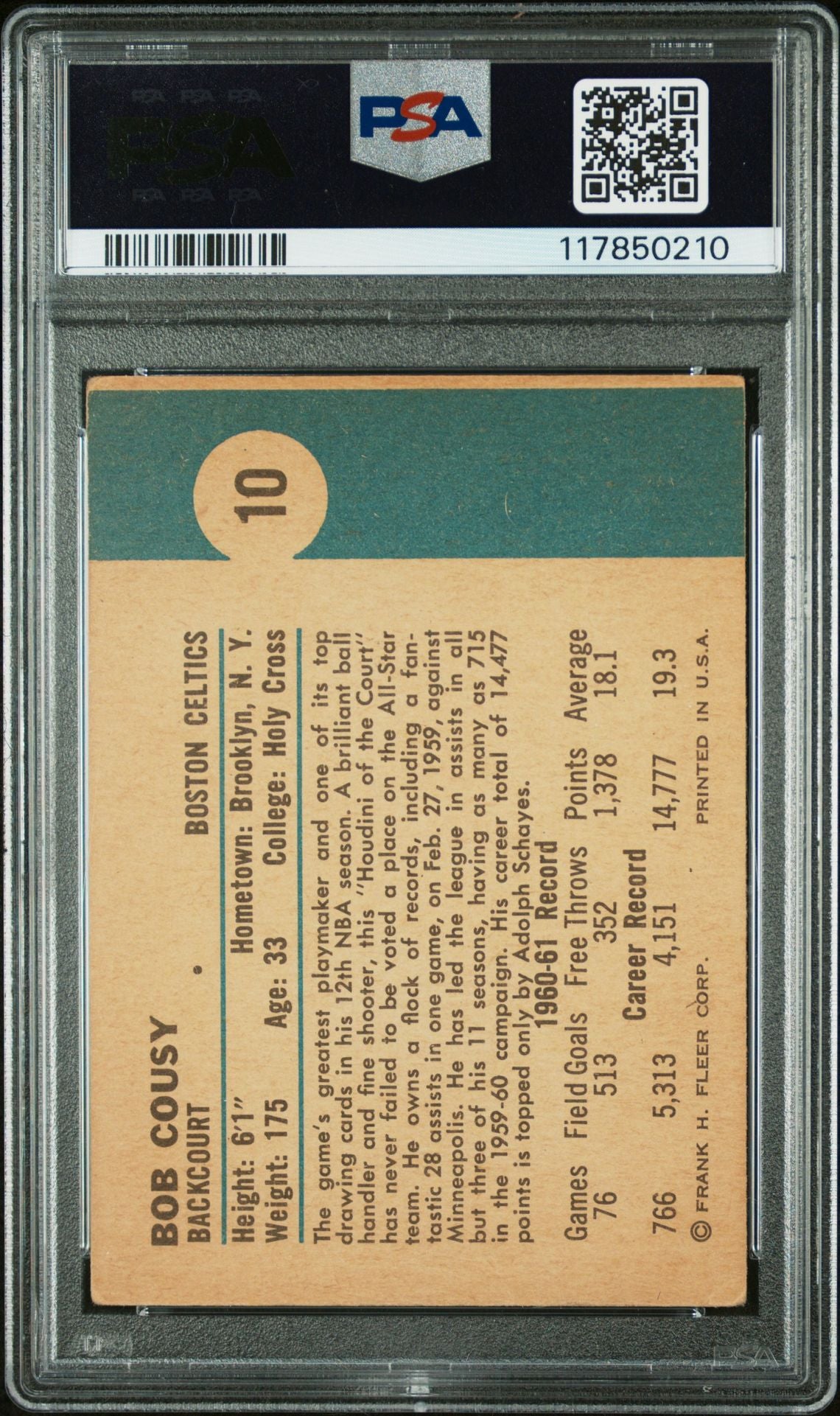 Bob Cousy 1961 Fleer Signed Basketball Card #10 Graded PSA 2.5 Auto 10 Cert # 117850210