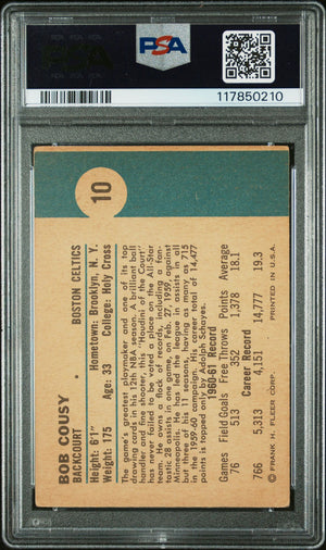 Bob Cousy 1961 Fleer Signed Basketball Card #10 Graded PSA 2.5 Auto 10 Cert # 117850210