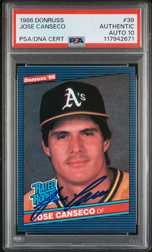 Jose Canseco 1986 Donruss Signed Baseball Rookie Card #39 Auto Graded PSA 10 Cert # 117942671-Powers Sports Memorabilia