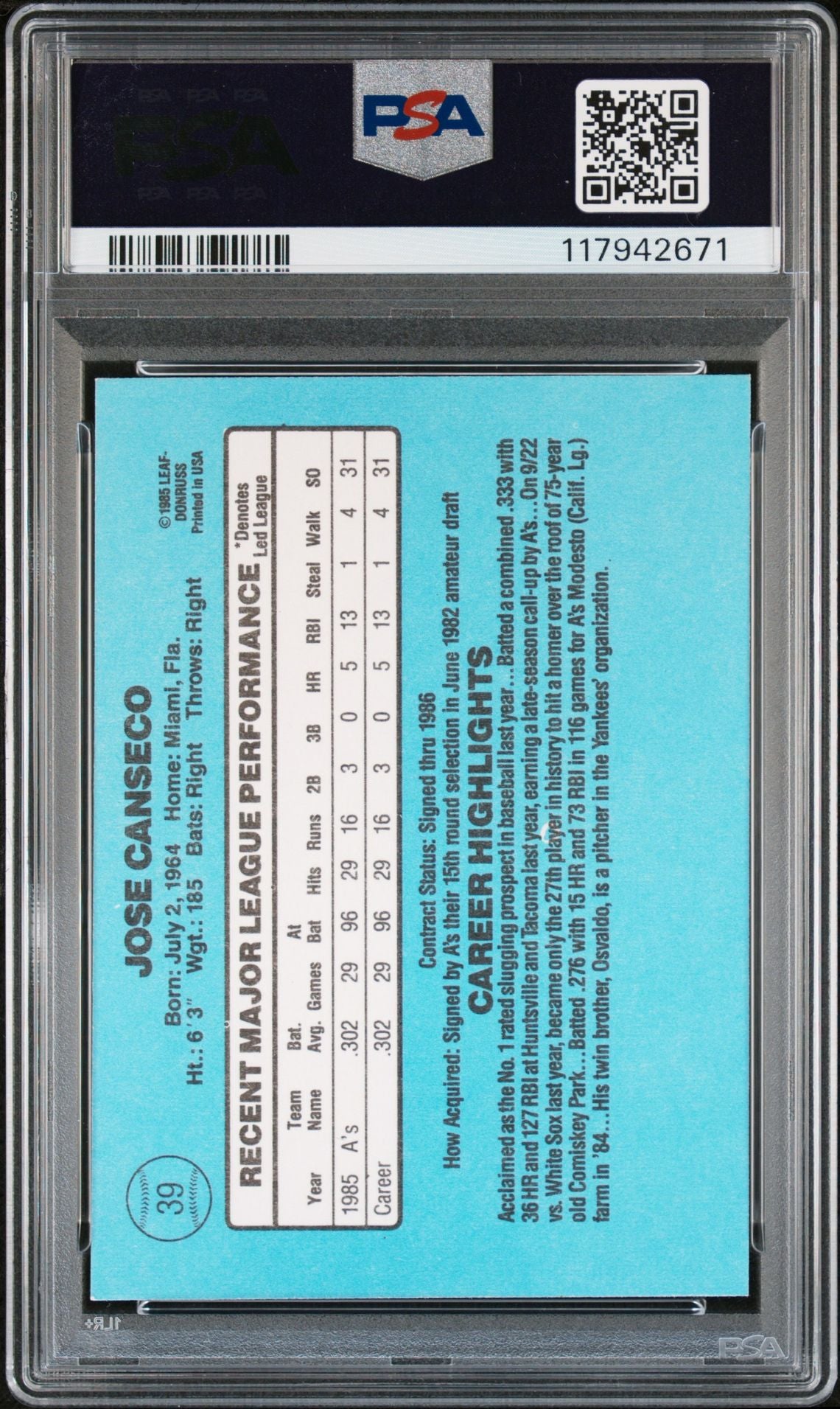 Jose Canseco 1986 Donruss Signed Baseball Rookie Card #39 Auto Graded PSA 10 Cert # 117942671-Powers Sports Memorabilia