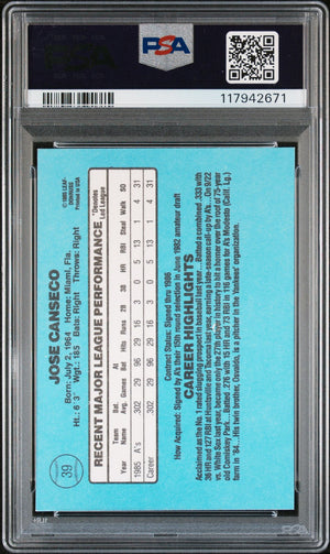 Jose Canseco 1986 Donruss Signed Baseball Rookie Card #39 Auto Graded PSA 10 Cert # 117942671-Powers Sports Memorabilia
