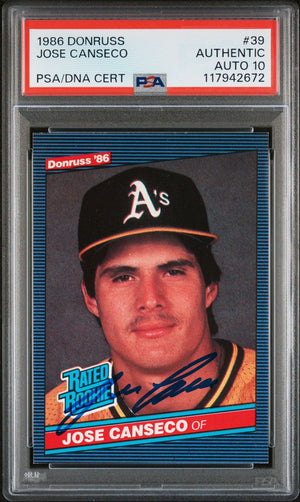 Jose Canseco 1986 Donruss Signed Baseball Rookie Card #39 Auto Graded PSA 10 Cert # 117942672-Powers Sports Memorabilia
