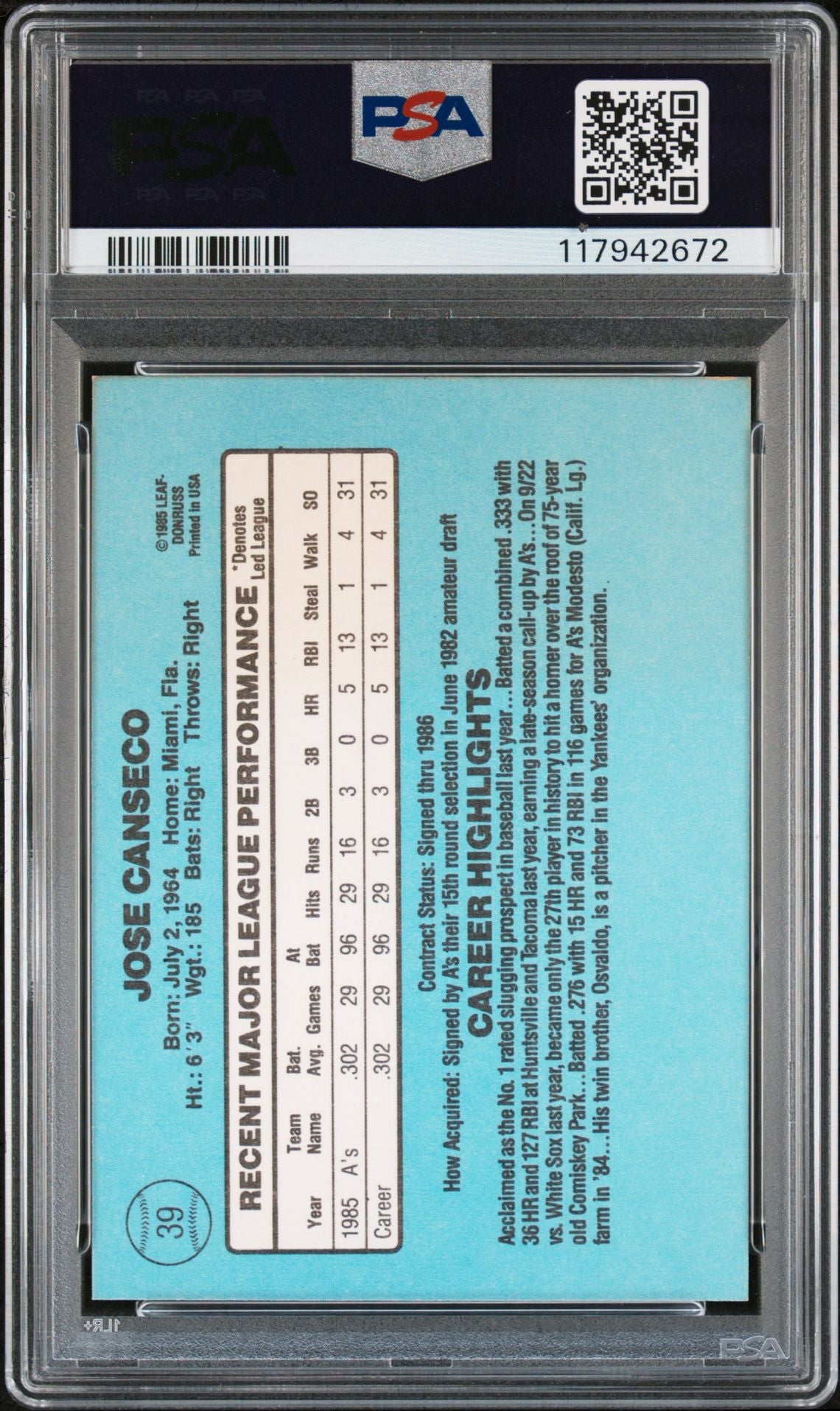 Jose Canseco 1986 Donruss Signed Baseball Rookie Card #39 Auto Graded PSA 10 Cert # 117942672-Powers Sports Memorabilia