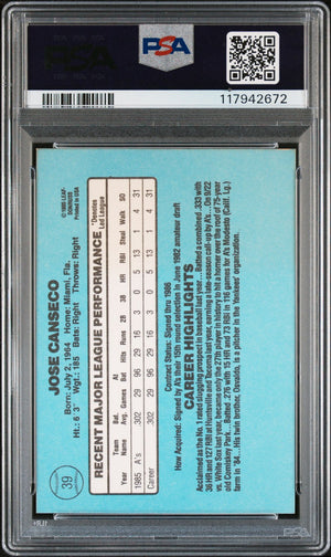 Jose Canseco 1986 Donruss Signed Baseball Rookie Card #39 Auto Graded PSA 10 Cert # 117942672-Powers Sports Memorabilia