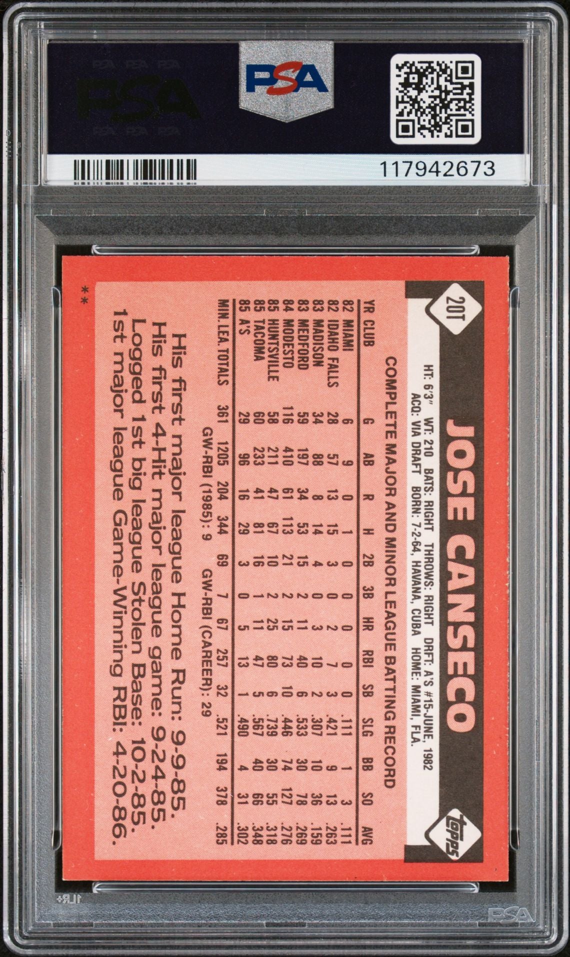 Jose Canseco 1986 Topps Traded Signed Baseball Rookie Card #20T Auto Graded PSA 10 Cert # 117942673-Powers Sports Memorabilia