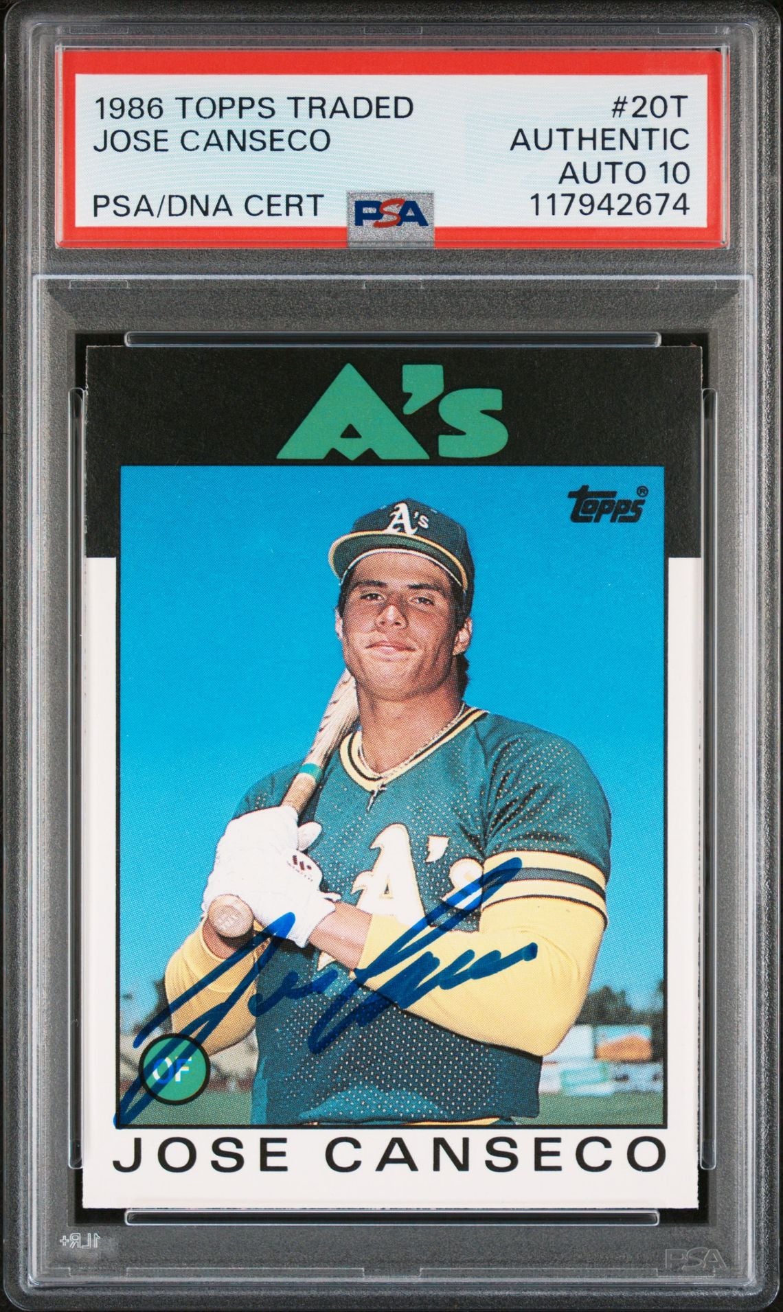 Jose Canseco 1986 Topps Traded Signed Baseball Rookie Card #20T Auto Graded PSA 10 Cert # 117942674-Powers Sports Memorabilia