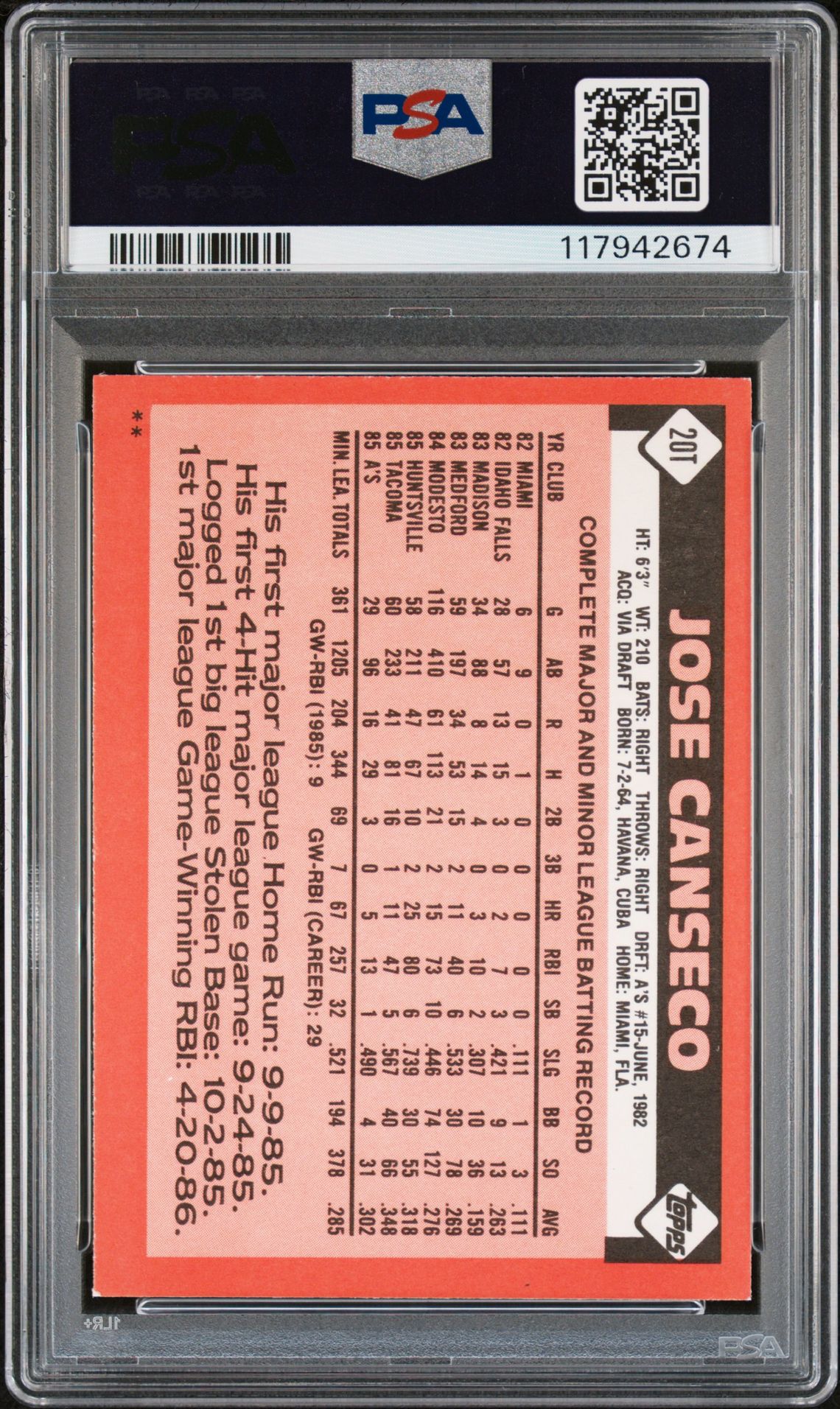 Jose Canseco 1986 Topps Traded Signed Baseball Rookie Card #20T Auto Graded PSA 10 Cert # 117942674-Powers Sports Memorabilia