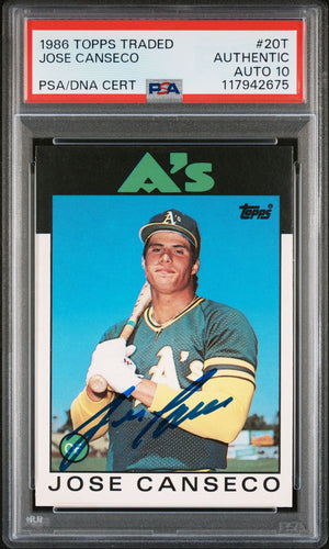Jose Canseco 1986 Topps Traded Signed Baseball Rookie Card #20T Auto Graded PSA 10 Cert # 117942675-Powers Sports Memorabilia