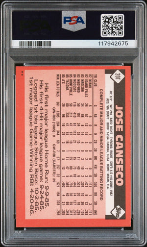 Jose Canseco 1986 Topps Traded Signed Baseball Rookie Card #20T Auto Graded PSA 10 Cert # 117942675-Powers Sports Memorabilia