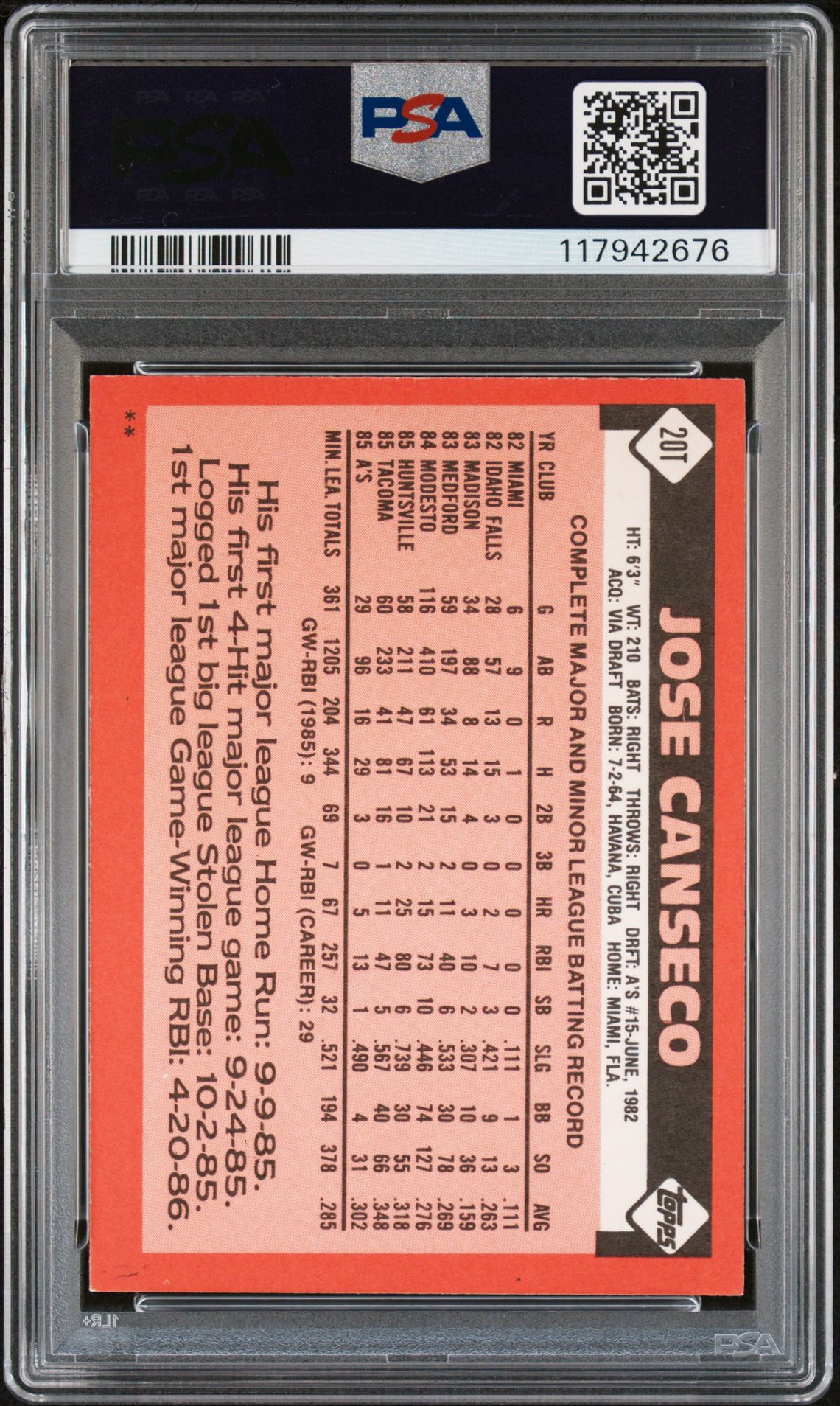 Jose Canseco 1986 Topps Traded Signed Baseball Rookie Card #20T Auto Graded PSA 10 Cert # 117942676-Powers Sports Memorabilia