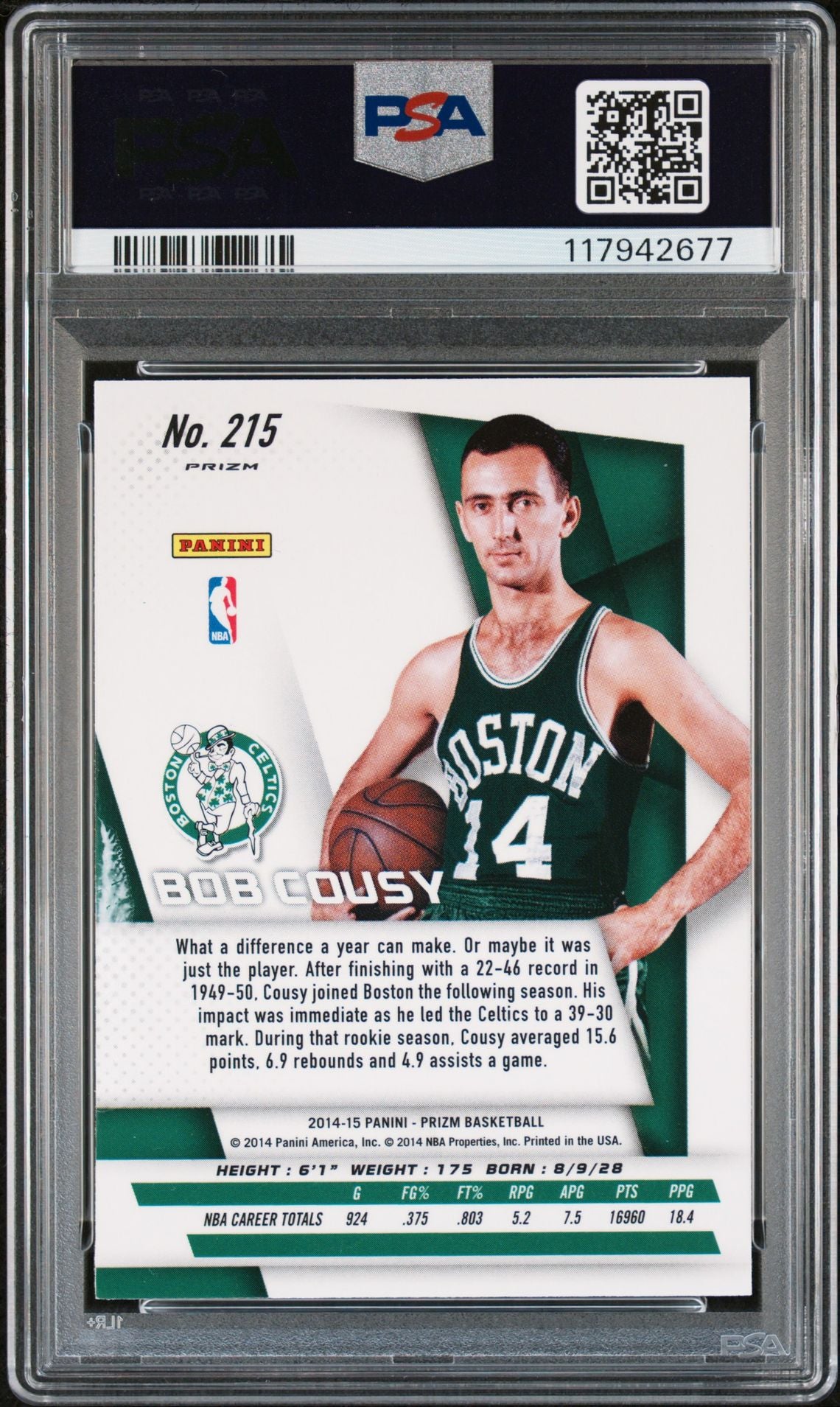 Bob Cousy 2014 Panini Prizm Silver Signed Basketball Card #215 Auto Graded PSA 8 Cert # 117942677-Powers Sports Memorabilia