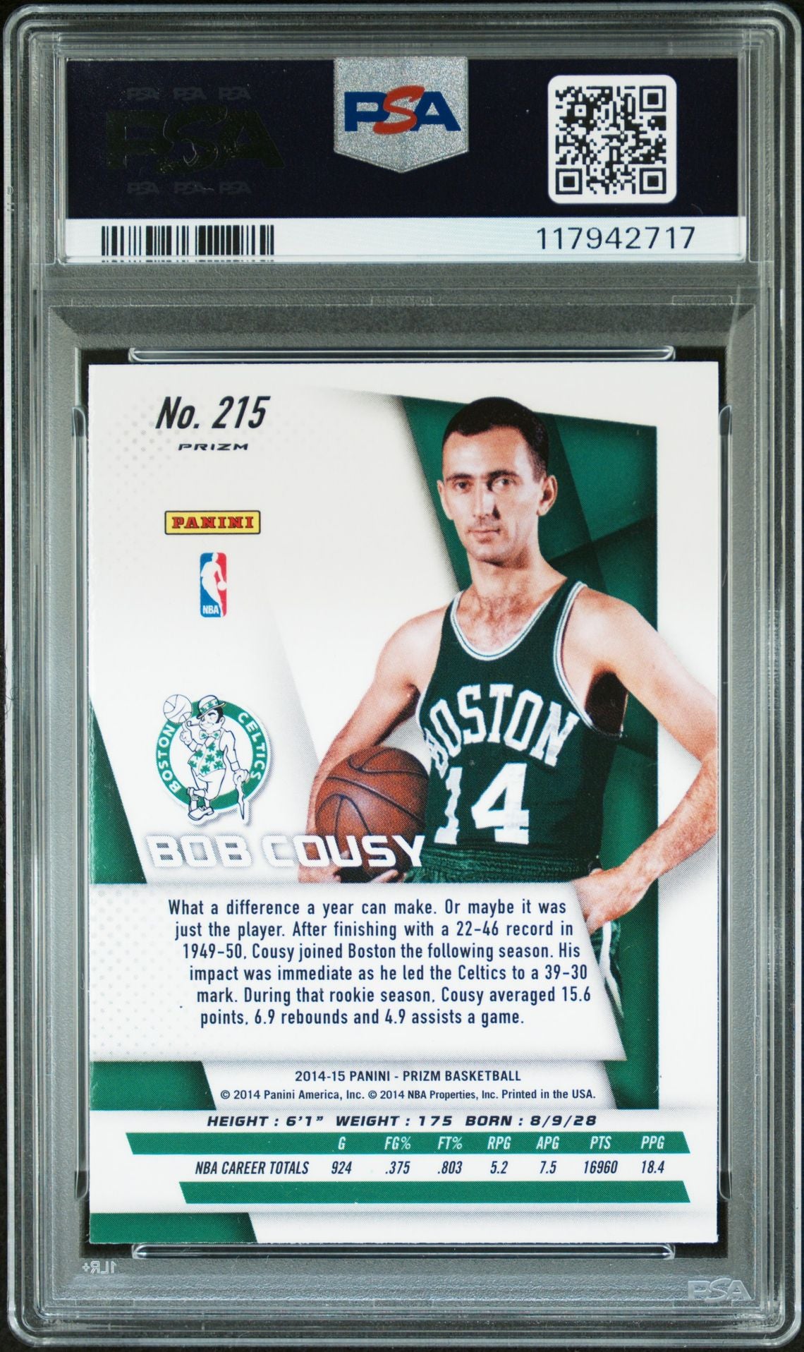 Bob Cousy 2014 Panini Prizm Silver Signed Basketball Card #215 Graded PSA 9 Auto 10 Cert # 117942717-Powers Sports Memorabilia