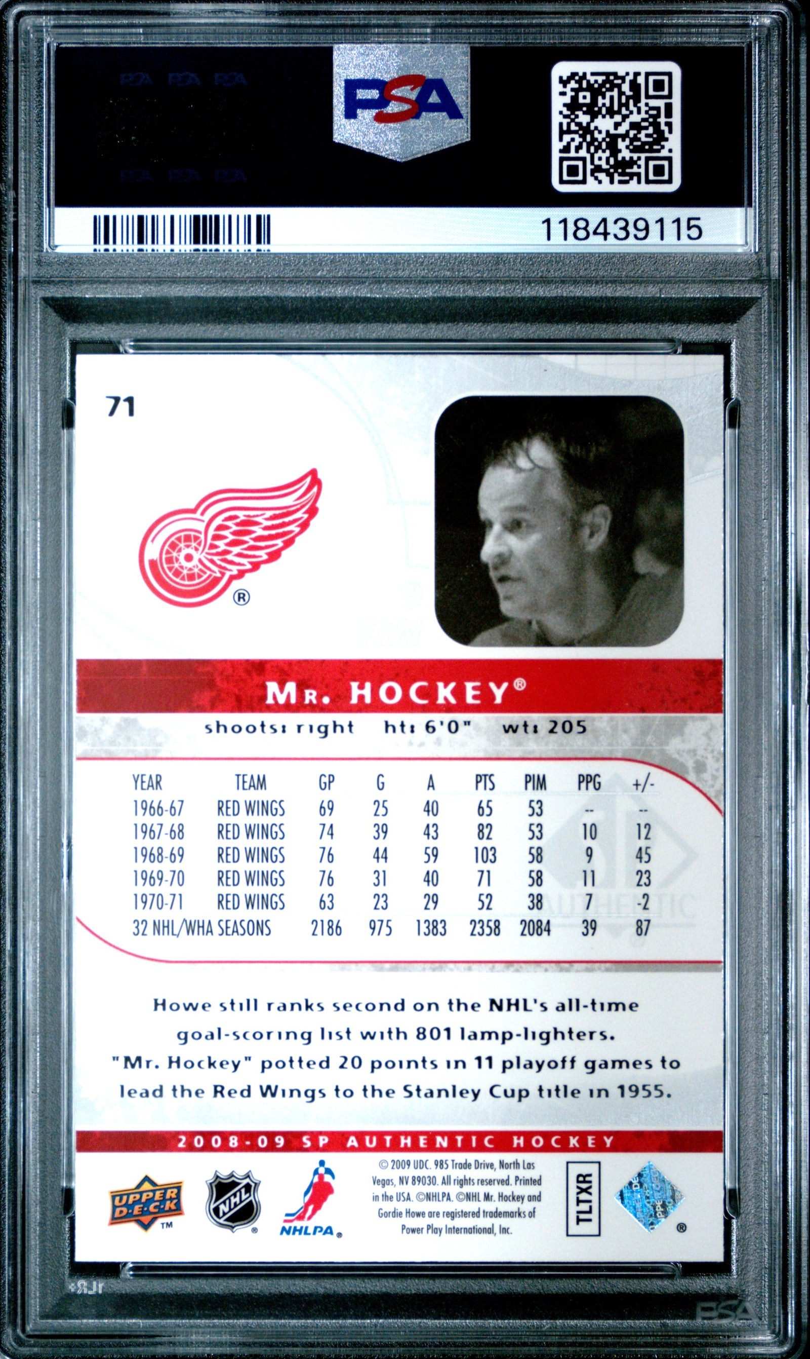 Gordie Howe 2008 SP Authentic Mr Hockey Card #71 Graded PSA 10 Cert #118439115-Powers Sports Memorabilia