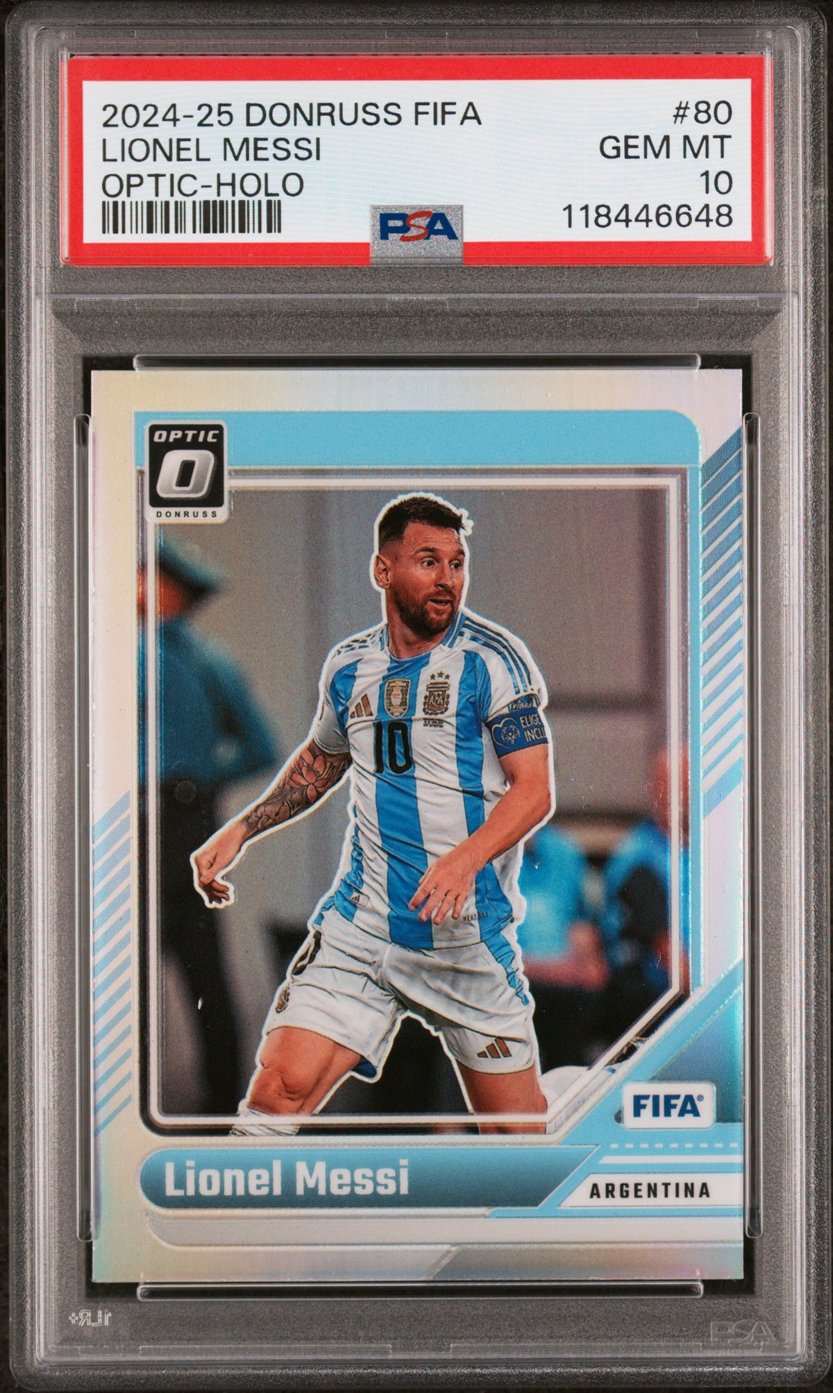Lionel Messi 2024-25 Donruss FIFA Optic Holo Soccer Card #80 Graded PSA 10 Cert #118446648-Powers Sports Memorabilia