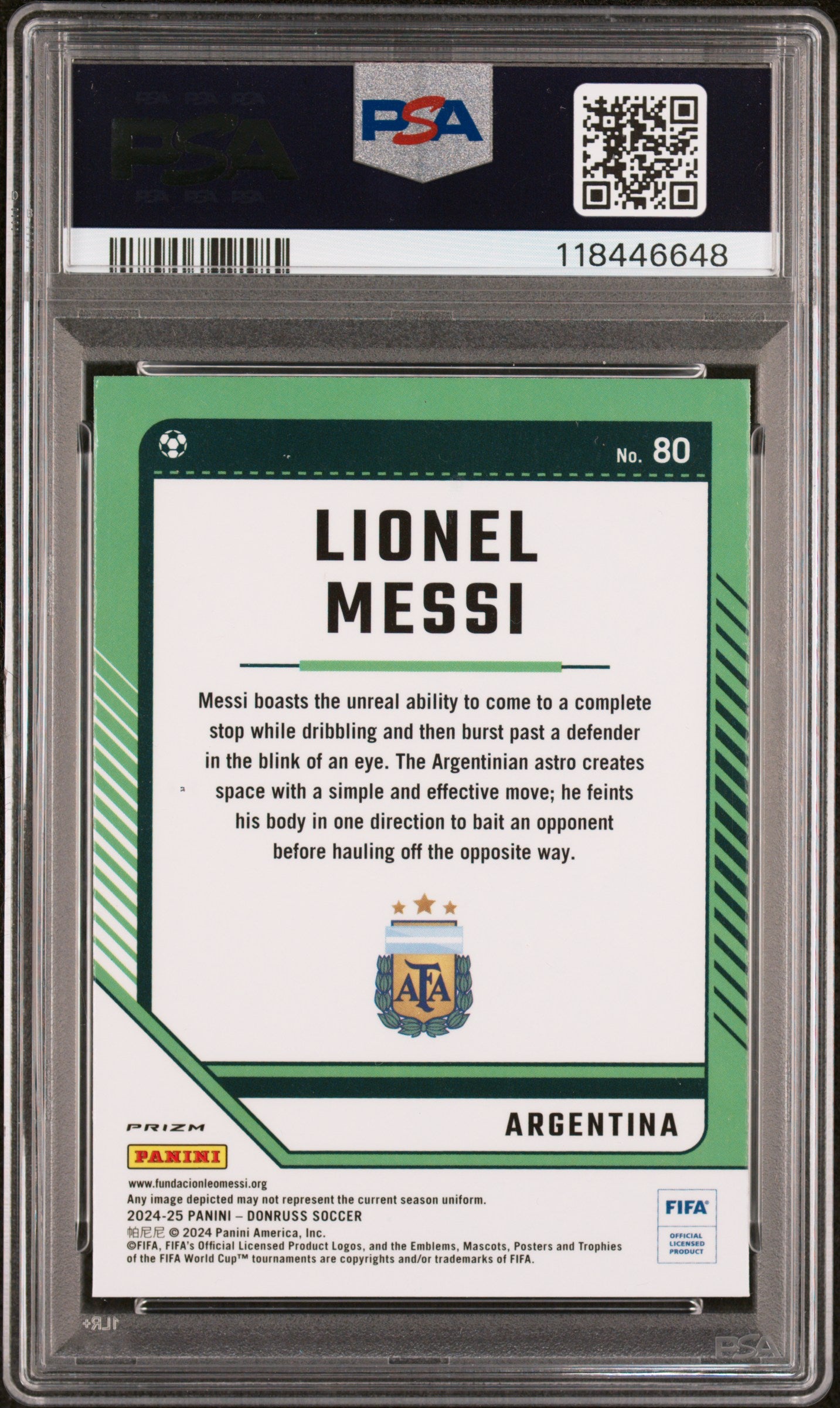 Lionel Messi 2024-25 Donruss FIFA Optic Holo Soccer Card #80 Graded PSA 10 Cert #118446648-Powers Sports Memorabilia
