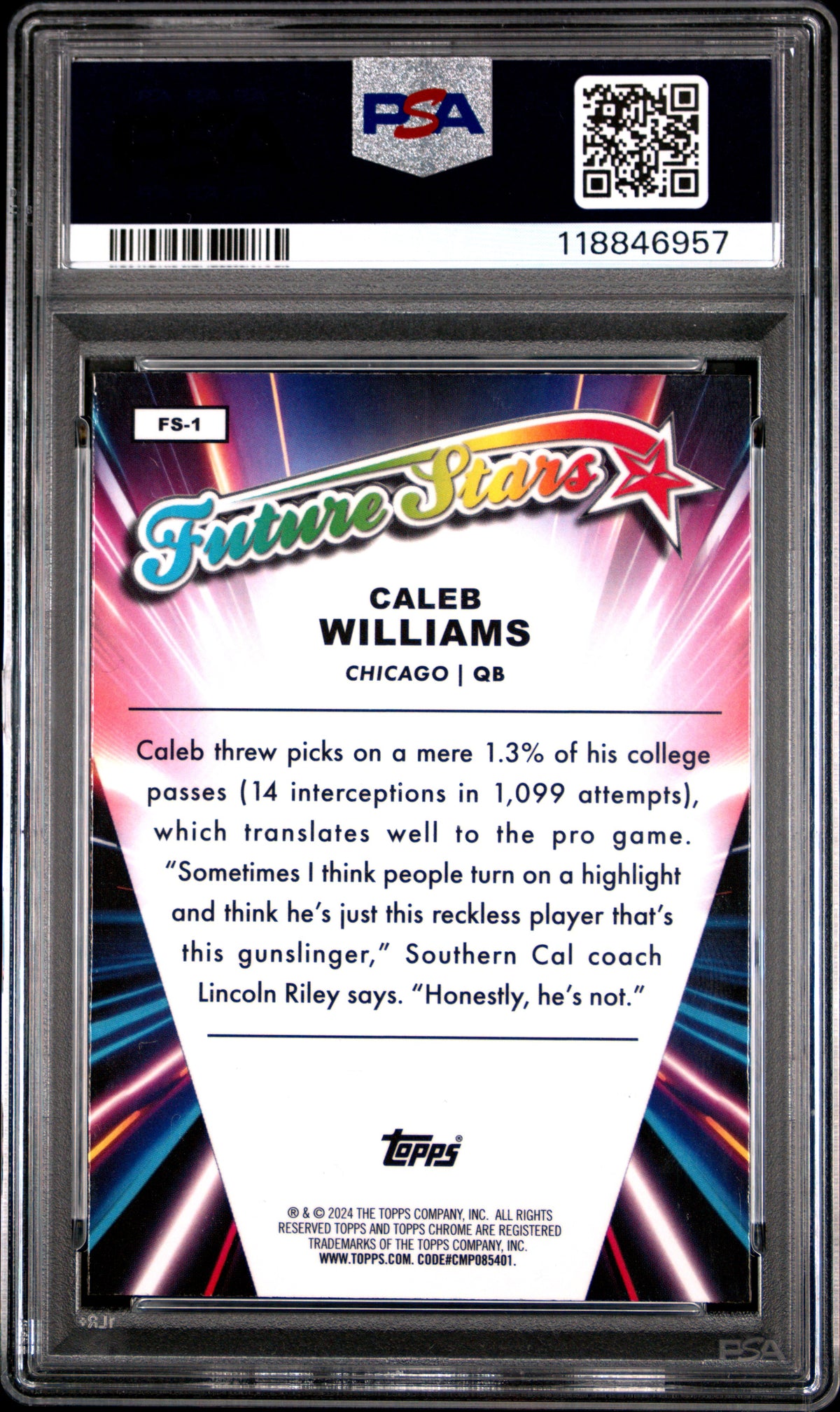 Caleb Williams 2024 Topps Chrome Future Stars Rookie Football Card #FS1 Graded PSA 10 Cert #118846957-Powers Sports Memorabilia