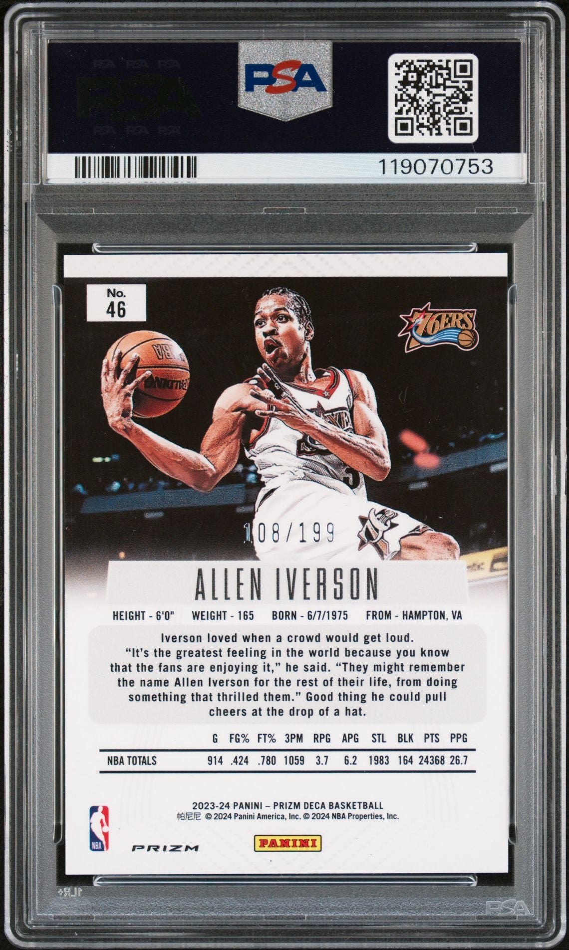 Allen Iverson 2023 Panini Prizm Deca Red Signed Basketball Card #46 Graded Authentic Auto PSA 108/199 Cert # 119070753-Powers Sports Memorabilia