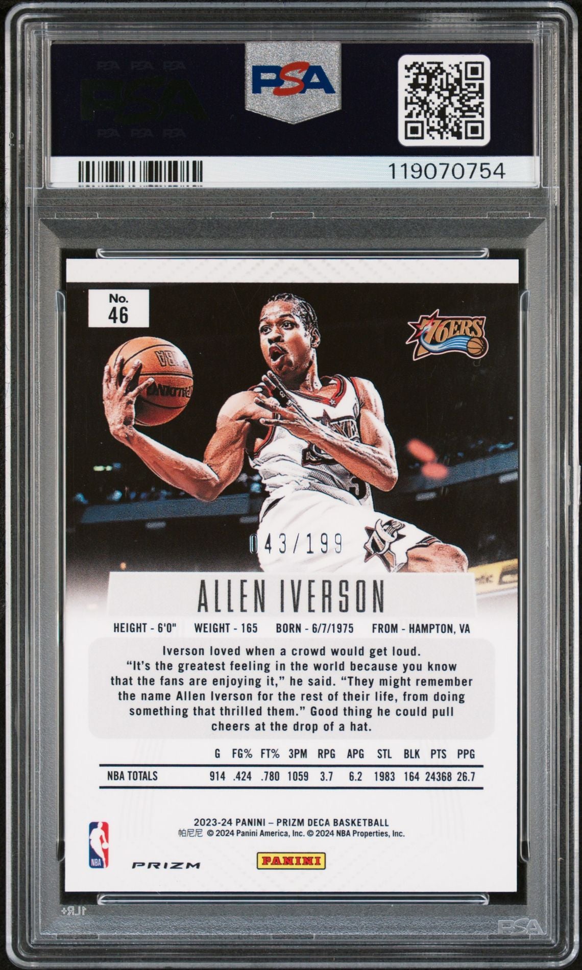 Allen Iverson 2023 Panini Prizm Deca Red Signed Basketball Card #46 Graded Authentic Auto PSA 143/199 Cert # 119070754-Powers Sports Memorabilia
