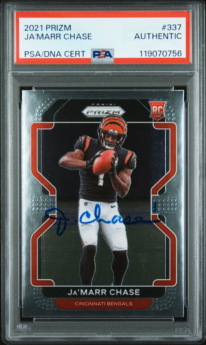 Ja'Marr Chase 2021 Panini Prizm Signed Football Rookie Card #337 Authentic Auto PSA Cert # 119070756-Powers Sports Memorabilia