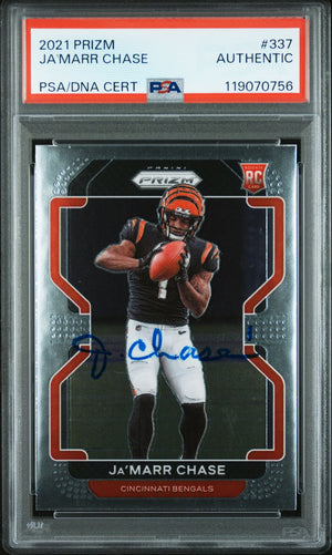 Ja'Marr Chase 2021 Panini Prizm Signed Football Rookie Card #337 Authentic Auto PSA Cert # 119070756-Powers Sports Memorabilia