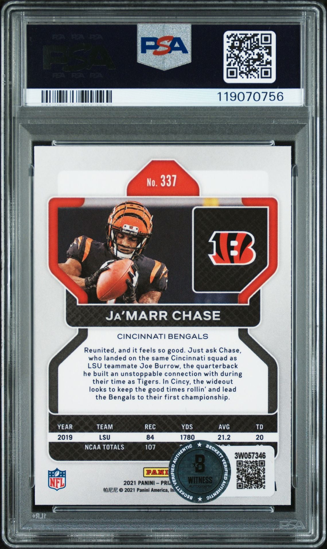 Ja'Marr Chase 2021 Panini Prizm Signed Football Rookie Card #337 Authentic Auto PSA Cert # 119070756-Powers Sports Memorabilia