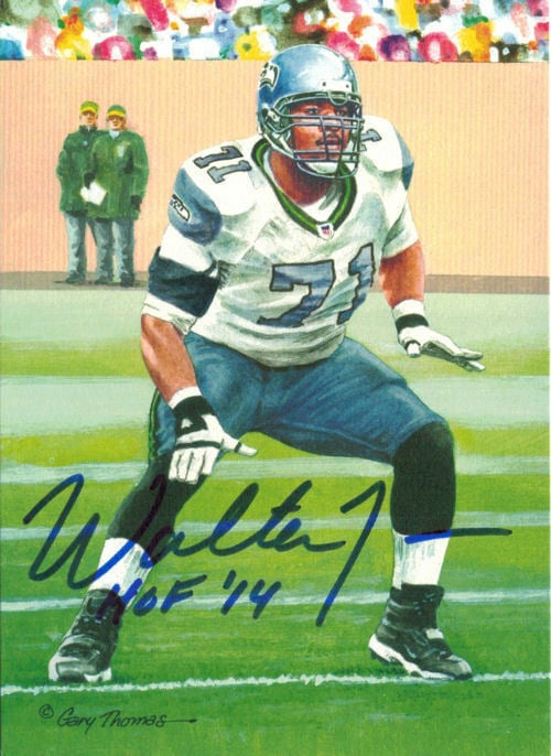 Walter Jones Seattle Seahawks Signed Goal Line Art Card Blue with HOF 14-Powers Sports Memorabilia