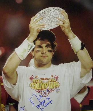 Matt Leinart Autographed USC Trojans 16x20 Photo w/ Trophy- Heisman 04/ 2X Champs- Leinart Hologram-Powers Sports Memorabilia