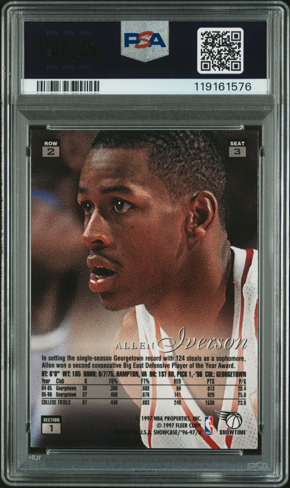 Allen Iverson 1996 Flair Showcase Row 2 Signed Basketball Rookie Card #3 Auto Graded PSA 9 Cert # 119161576-Powers Sports Memorabilia