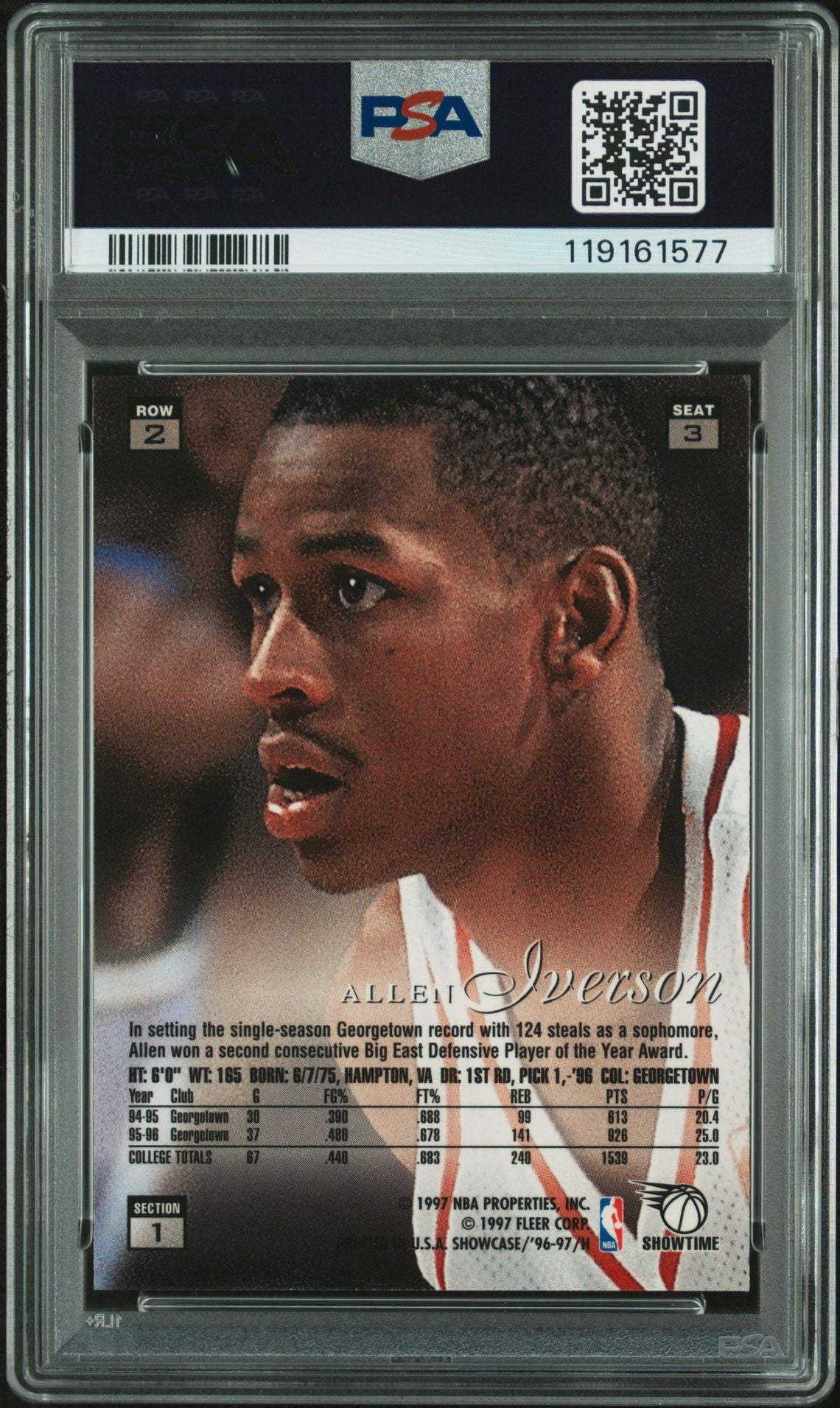 Allen Iverson 1996 Flair Showcase Row 2 Signed Basketball Rookie Card #3 Auto Graded PSA 10 Cert # 119161577-Powers Sports Memorabilia