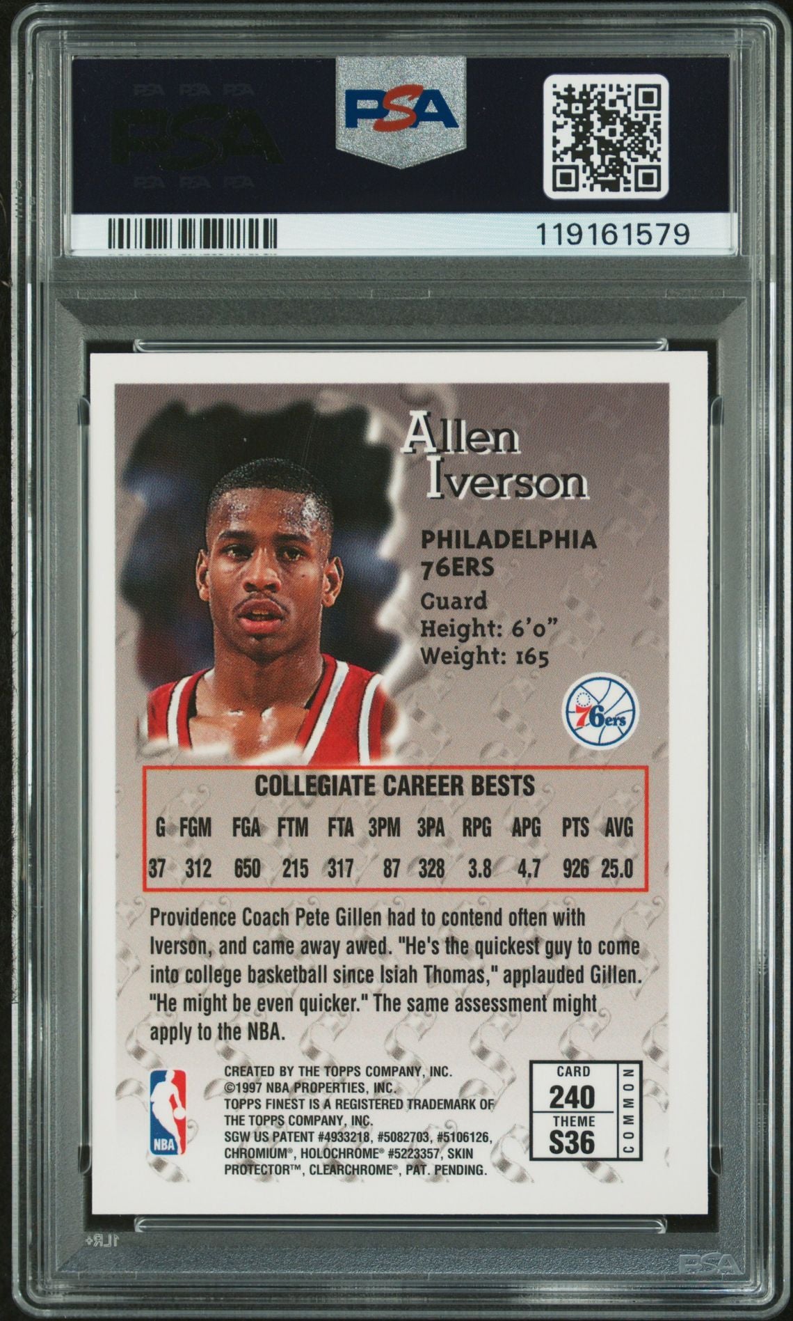 Allen Iverson 1996 Topps Finest Signed Basketball Rookie Card #240 Auto Graded PSA 10 Cert # 119161579-Powers Sports Memorabilia