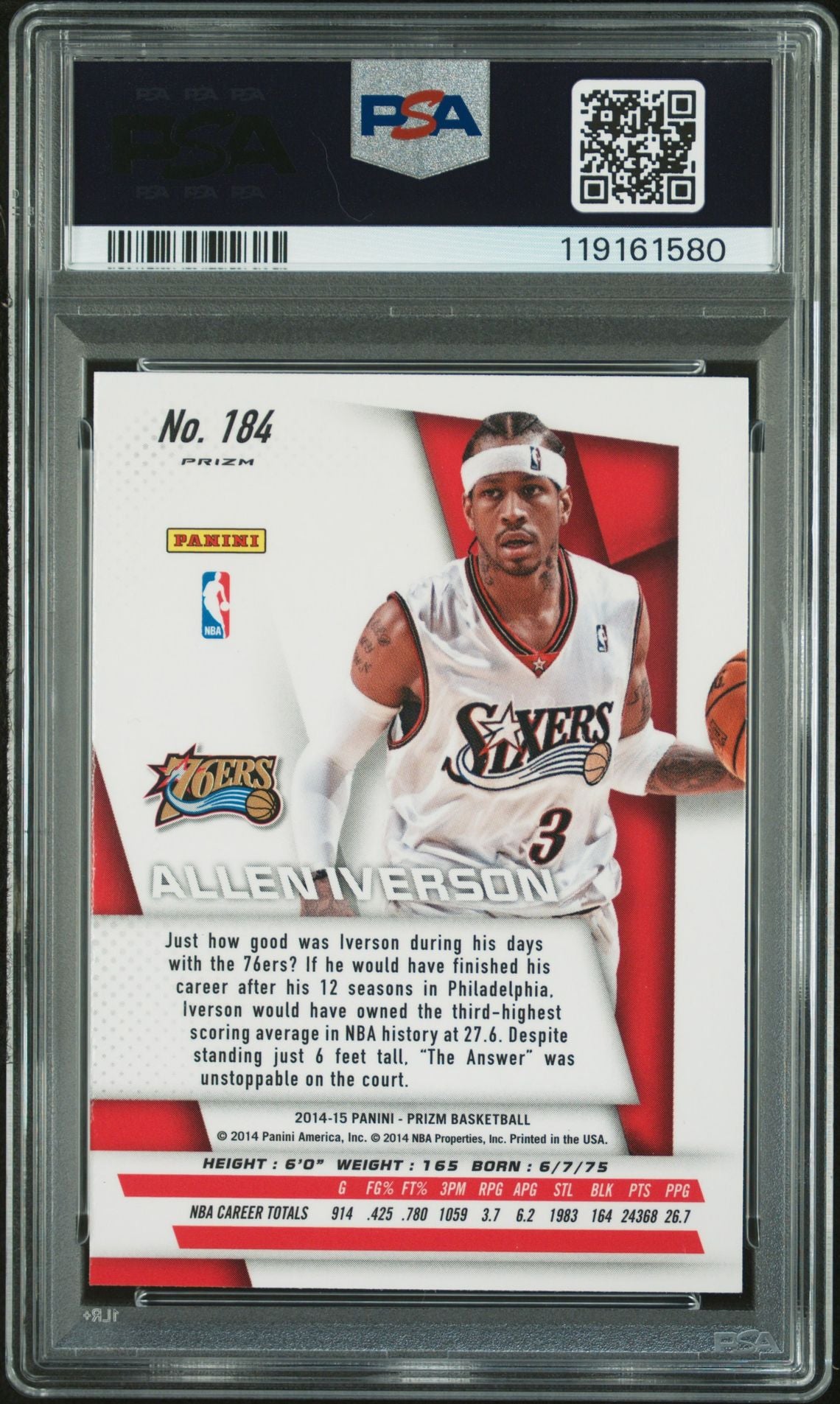 Allen Iverson 2014 Panini Silver Prizm Signed Basketball Card #184 Auto Graded PSA 10 Cert # 119161580-Powers Sports Memorabilia