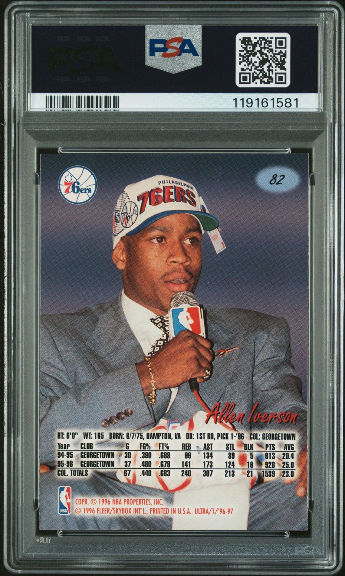 Allen Iverson 1996 Fleer Ultra Signed Basketball Rookie Card #82 Auto Graded PSA 10 Cert # 119161581-Powers Sports Memorabilia