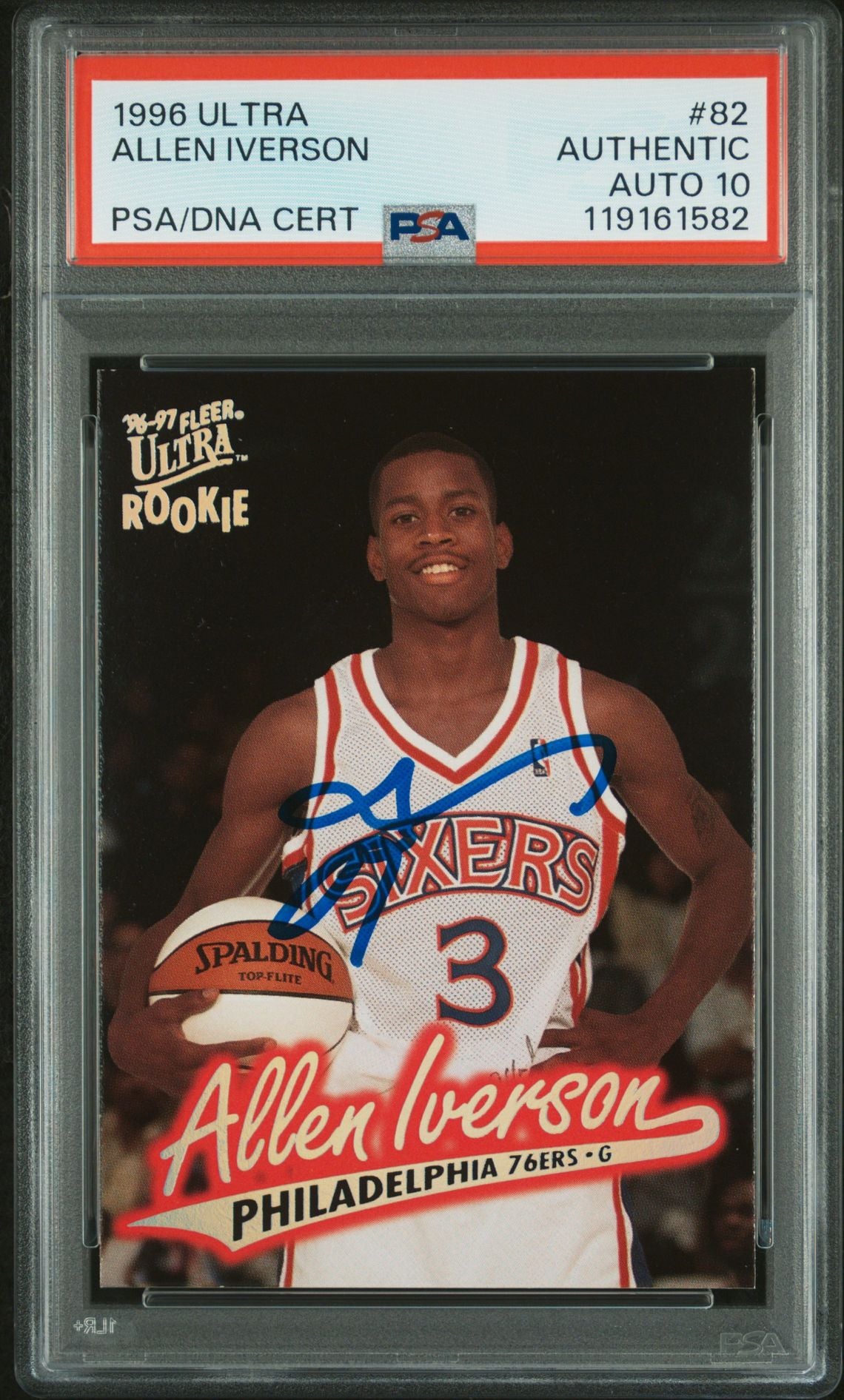 Allen Iverson 1996 Fleer Ultra Signed Basketball Rookie Card #82 Auto Graded PSA 10 Cert # 119161582-Powers Sports Memorabilia