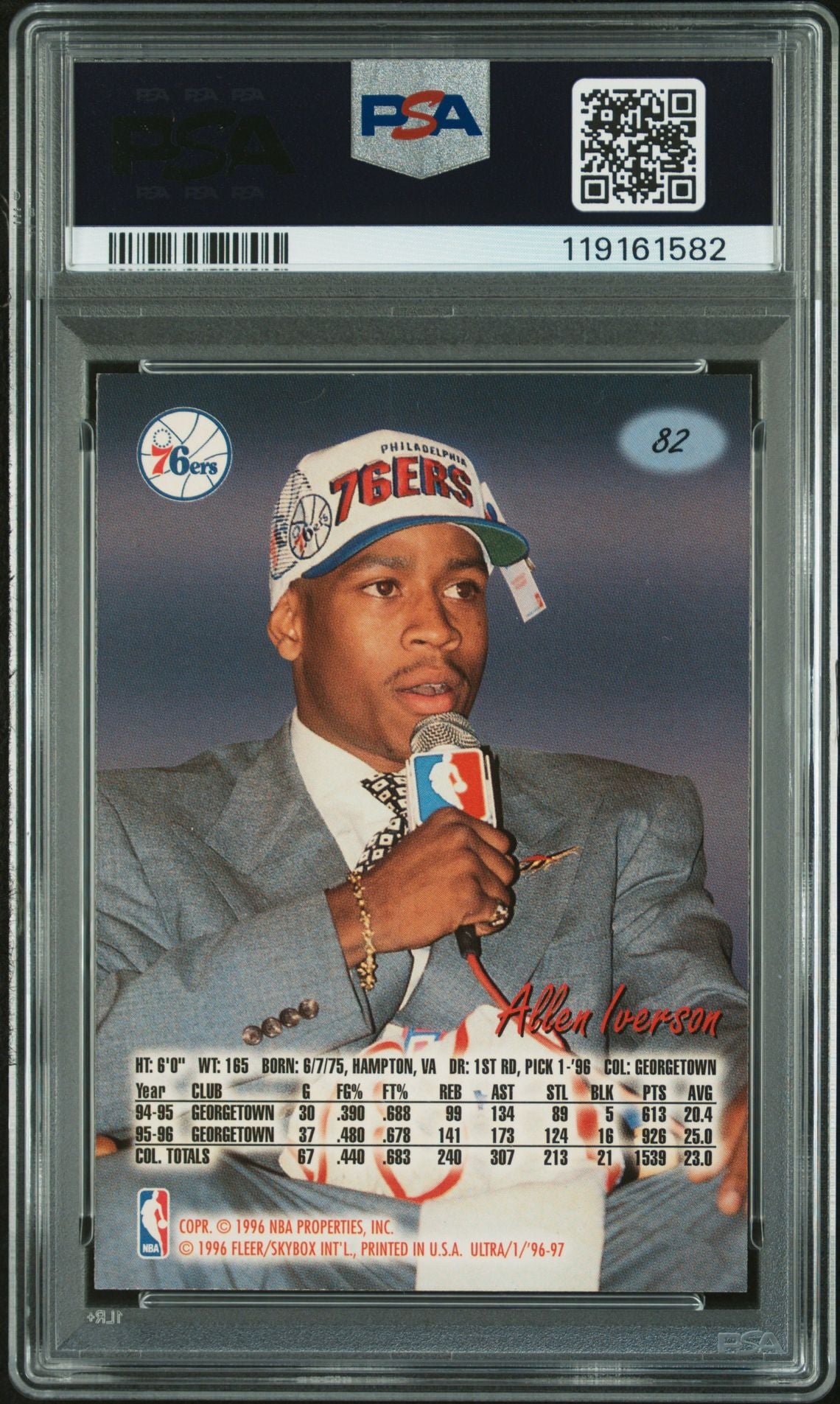 Allen Iverson 1996 Fleer Ultra Signed Basketball Rookie Card #82 Auto Graded PSA 10 Cert # 119161582-Powers Sports Memorabilia