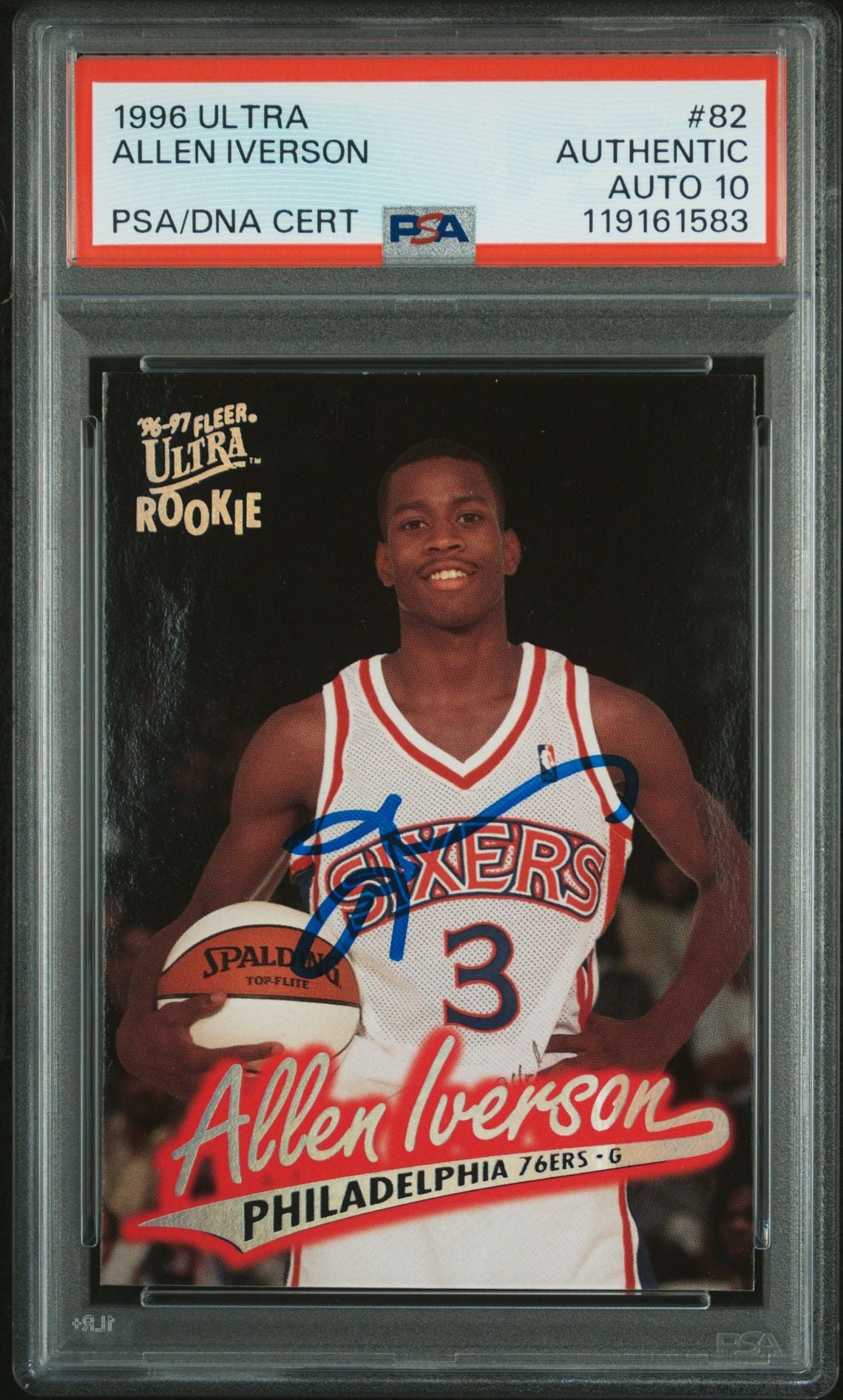 Allen Iverson 1996 Fleer Ultra Signed Basketball Rookie Card #82 Auto Graded PSA 10 Cert # 119161583-Powers Sports Memorabilia