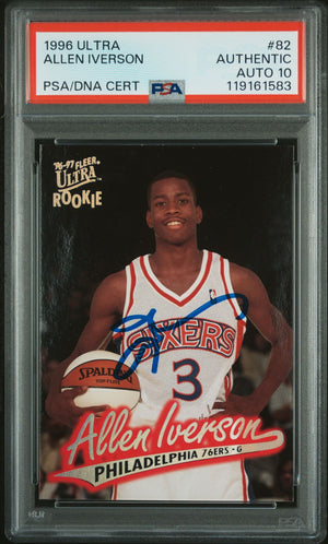 Allen Iverson 1996 Fleer Ultra Signed Basketball Rookie Card #82 Auto Graded PSA 10 Cert # 119161583-Powers Sports Memorabilia