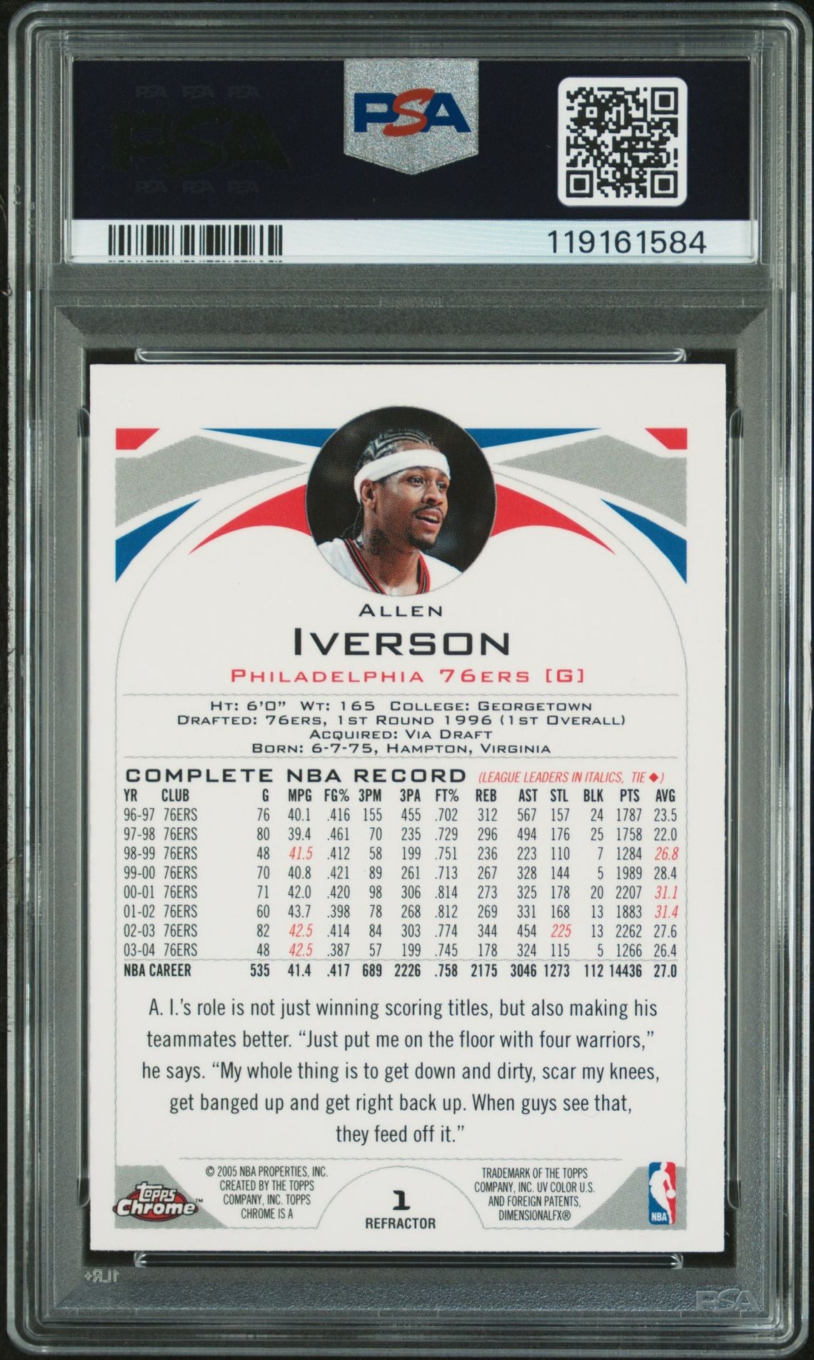 Allen Iverson 2004 Topps Chrome Refractor Signed Basketball Card #1 Auto Graded PSA 10 Cert # 119161584-Powers Sports Memorabilia