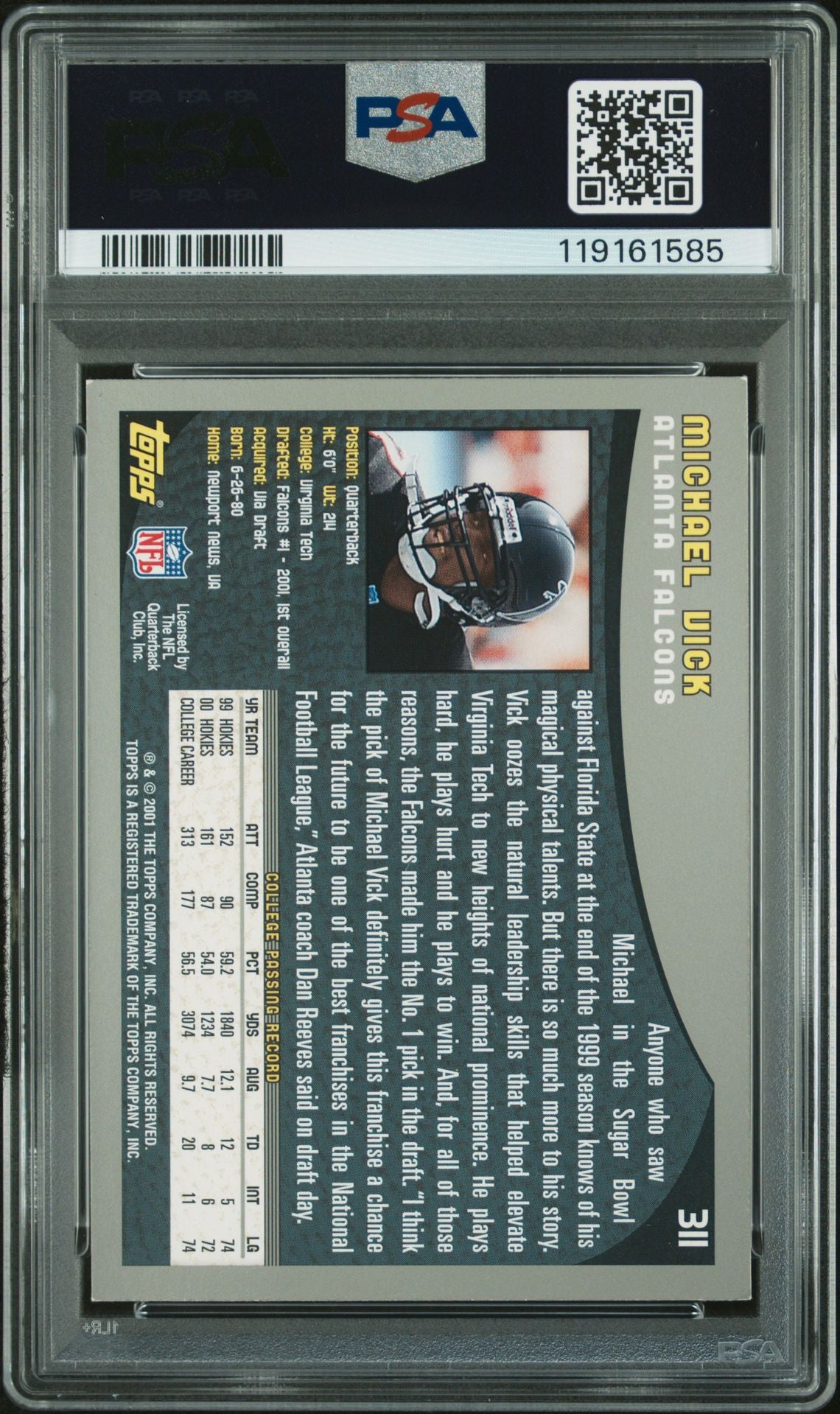 Michael Vick 2001 Topps Signed Football Rookie Card #311 Auto Graded PSA 10 Cert # 119161585-Powers Sports Memorabilia