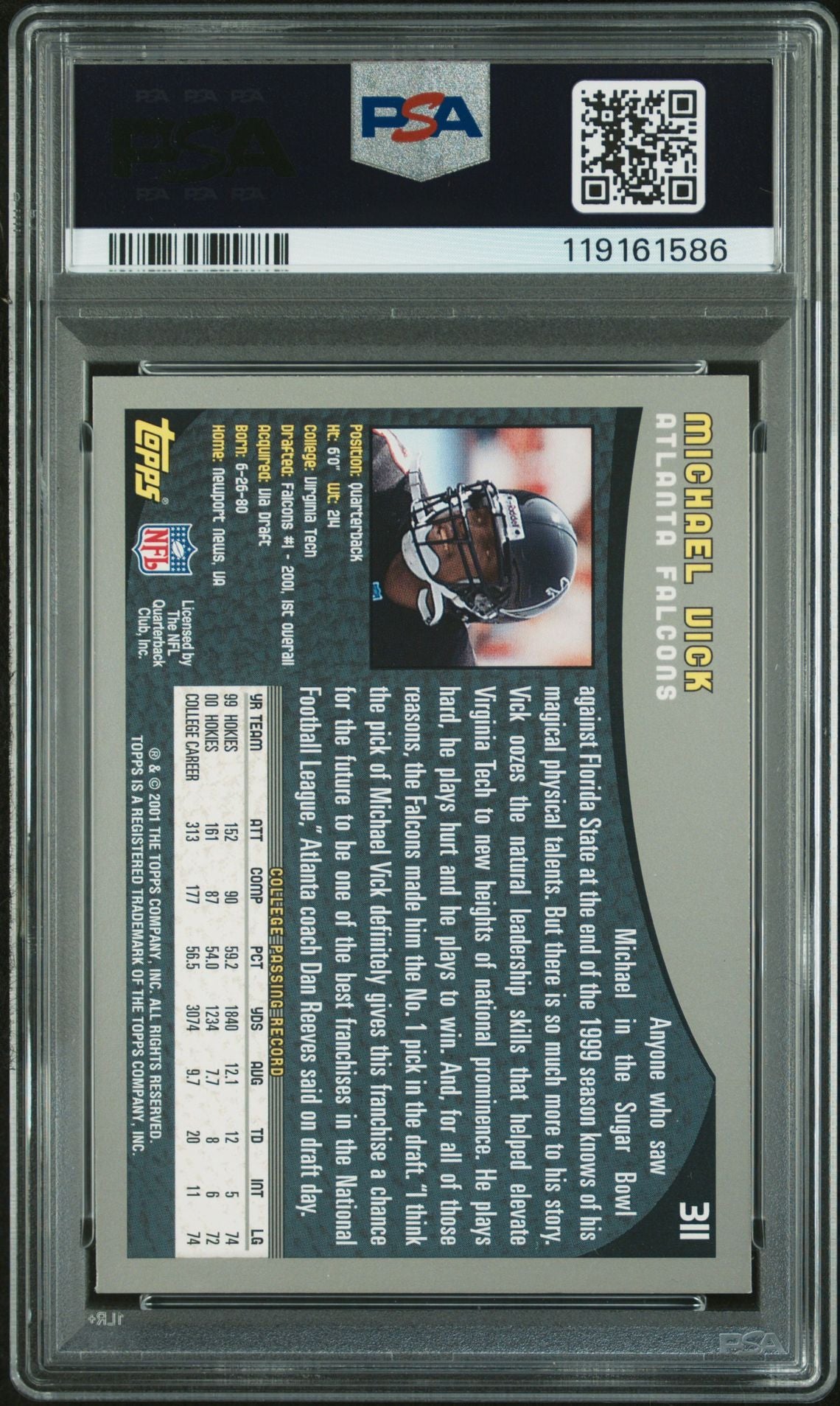 Michael Vick 2001 Topps Signed Football Rookie Card #311 Auto Graded PSA 10 Cert # 119161586-Powers Sports Memorabilia
