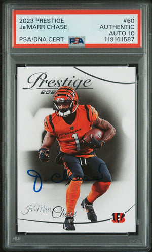 Ja'Marr Chase 2023 Prestige Signed Football Card #60 Auto Graded PSA 10 Cert # 119161587-Powers Sports Memorabilia